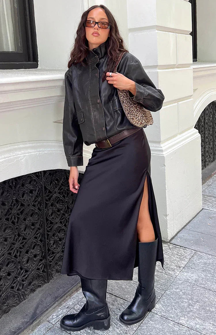 Blakely Brown Funnel Neck PU Jacket