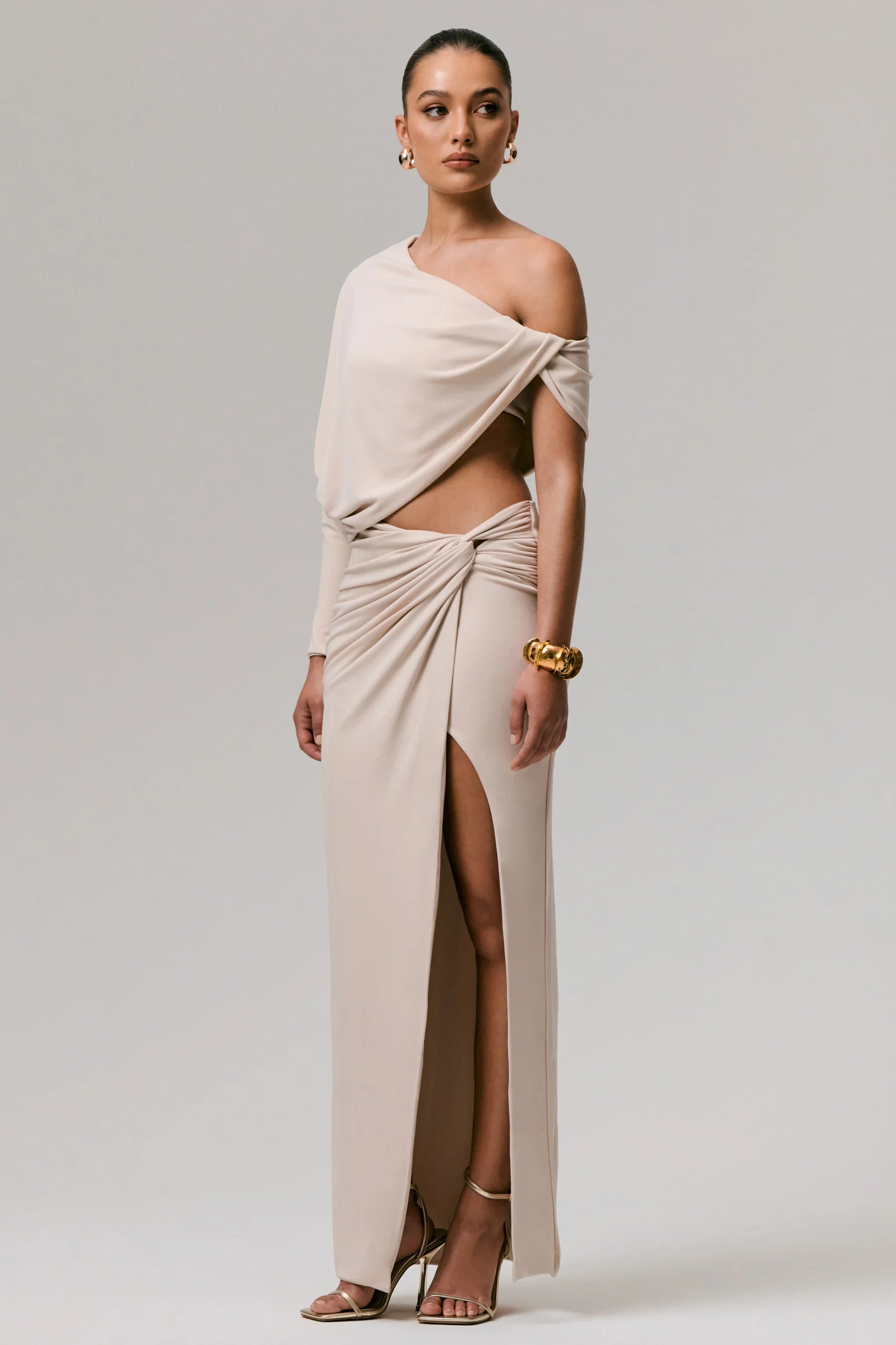 Dua Stone Asymmetric One Sleeve Draped Top