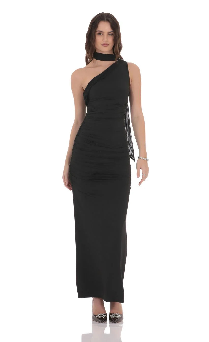 One Shoulder Scarf Wrap Maxi Dress in Black