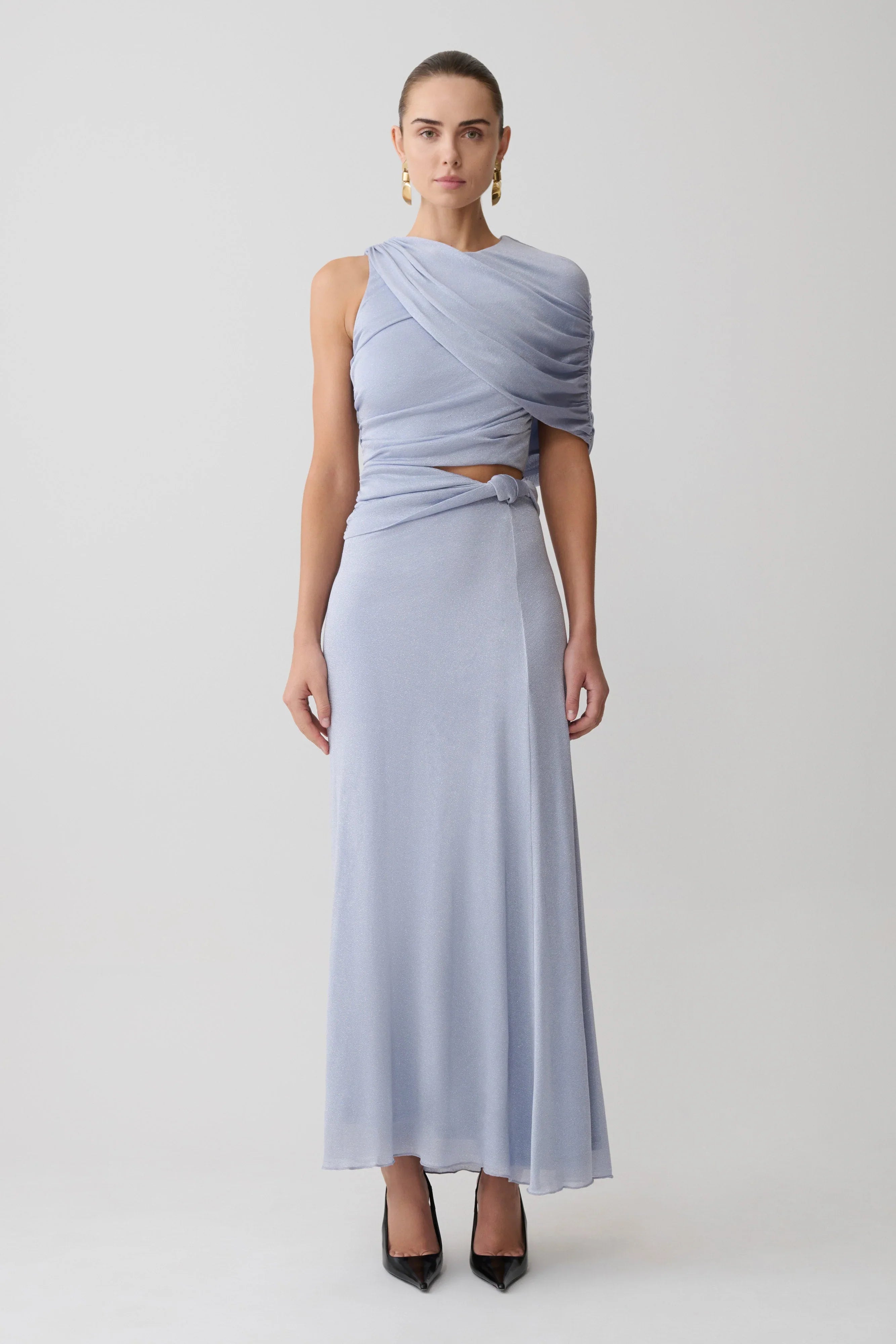 Adrienne Lurex Knot Maxi Skirt Pastel Blue