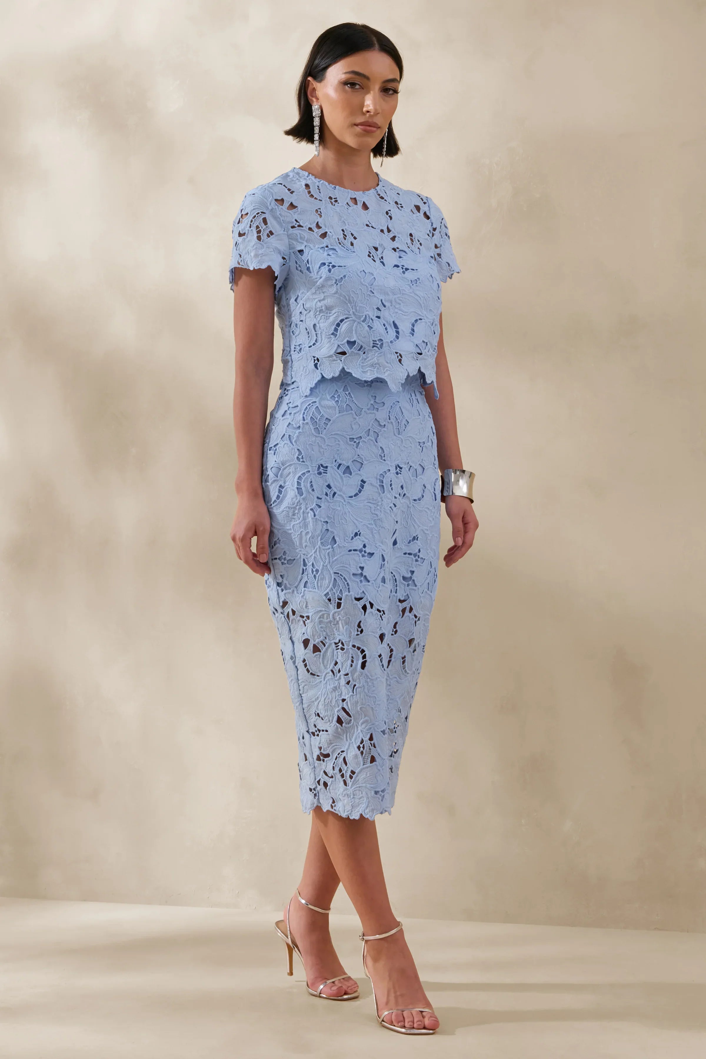 Ina Powder Blue Lace Crew Neck Crop Top