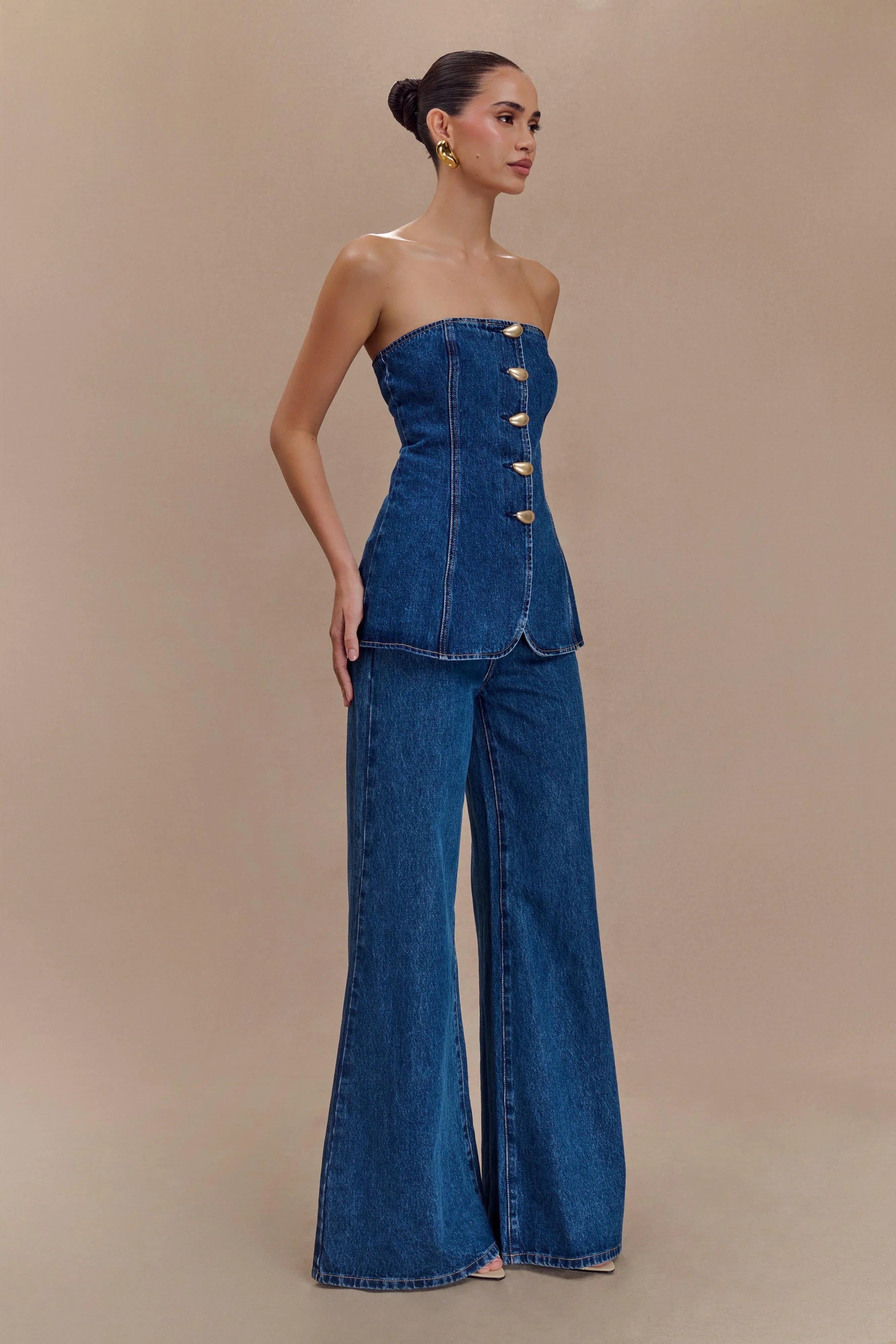 Jen Wide Leg Flare Denim Jeans Dark Blue