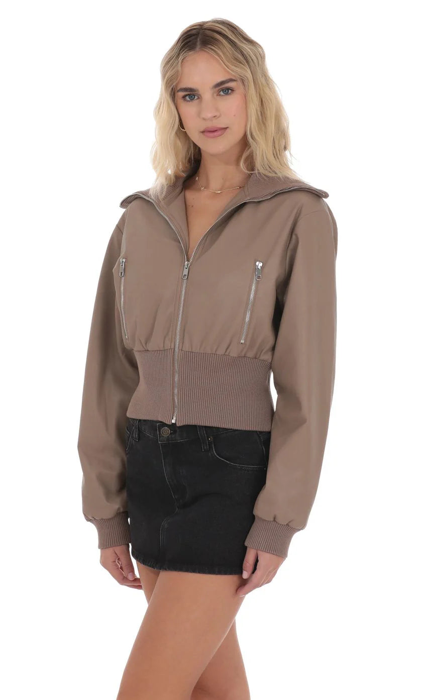 Cinched Faux Leather Bomber Jacket in Light Brown