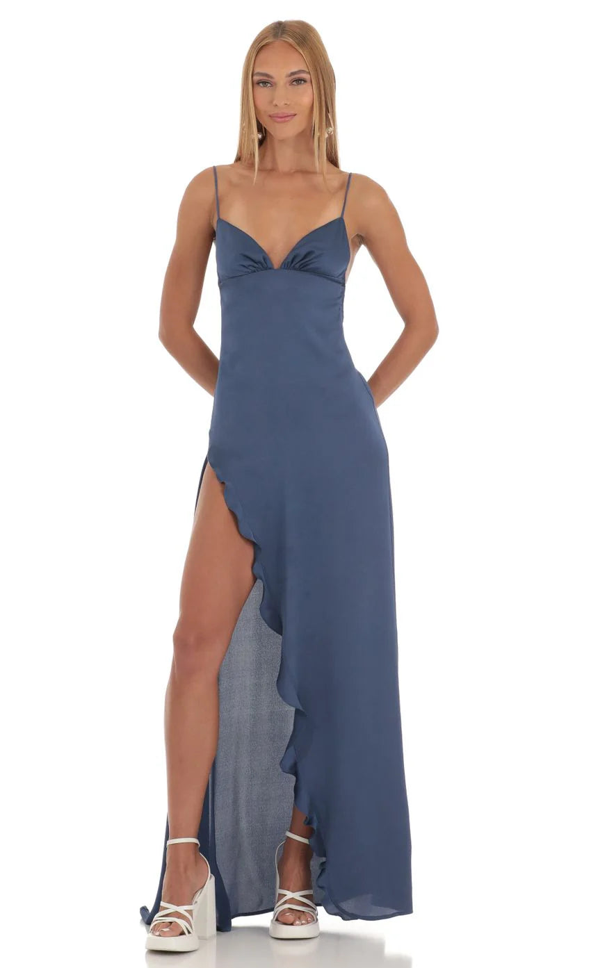Satin Ruffle Maxi Dress in Blue