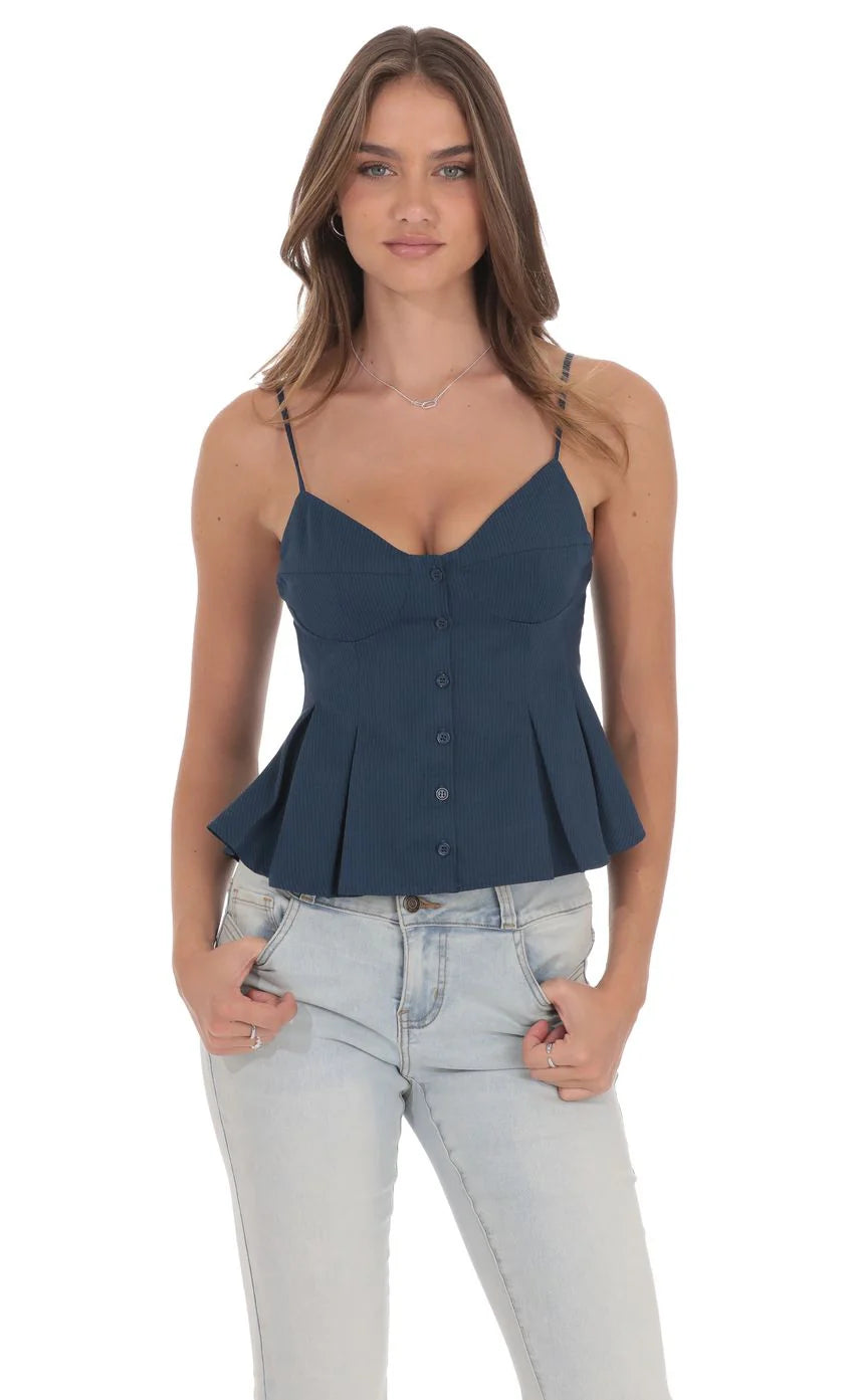 Pinstripe Pleated Flare Top in Navy