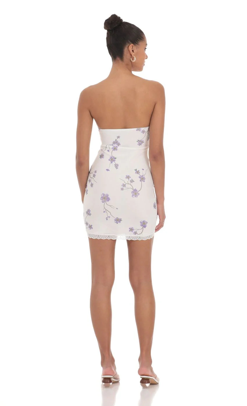 Floral Lace Strapless Bodycon Dress in White