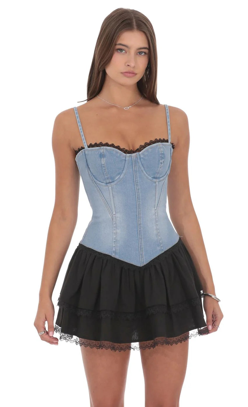 Two Toned Denim Ruffle Dress in Blue and Black