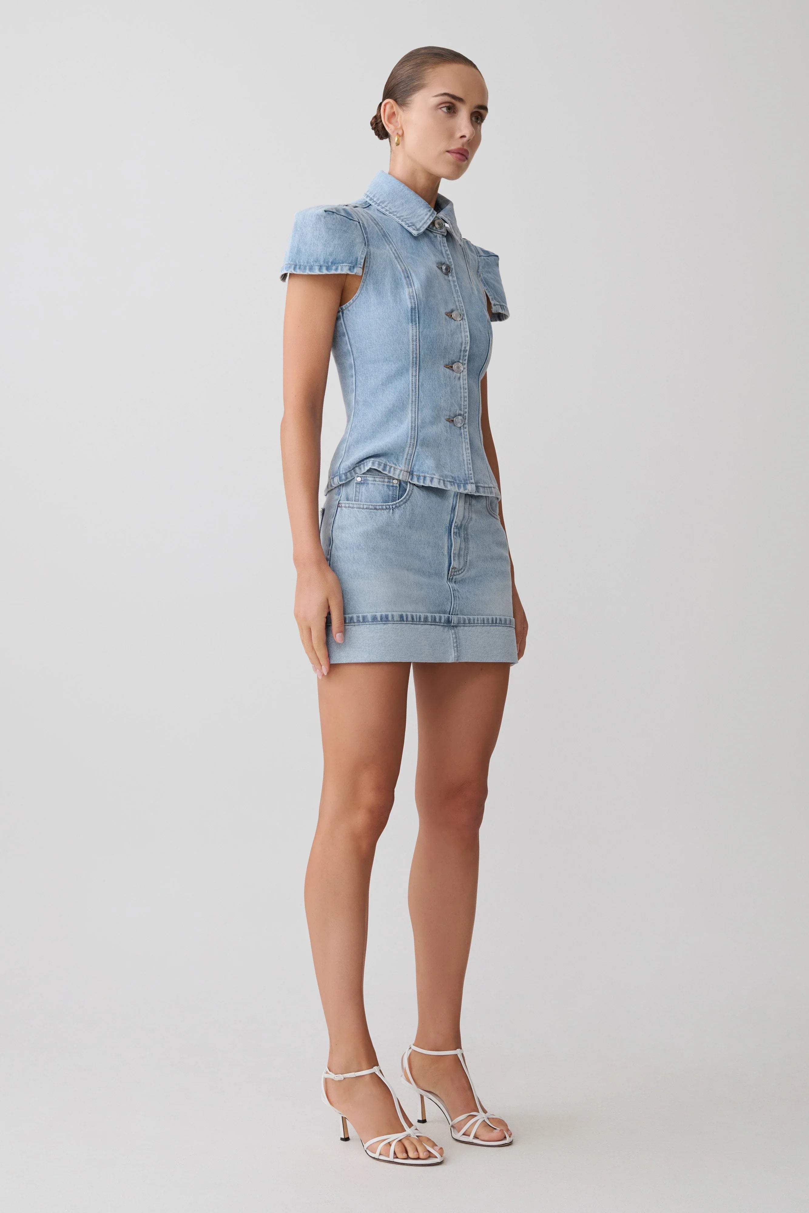 Bently Short Sleeve Denim Top Washed Light Blue
