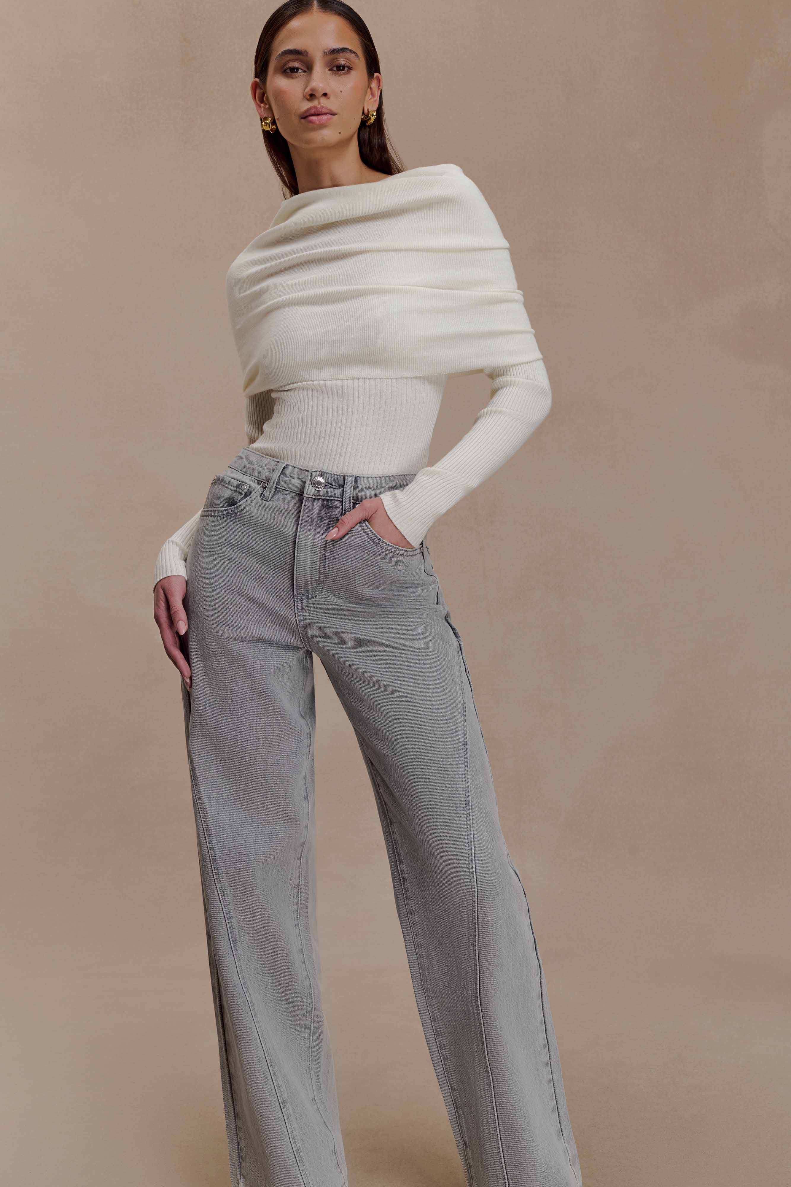 Mazie Asymetrical Cashmere Blend Long Sleeve Knit Top Ivory