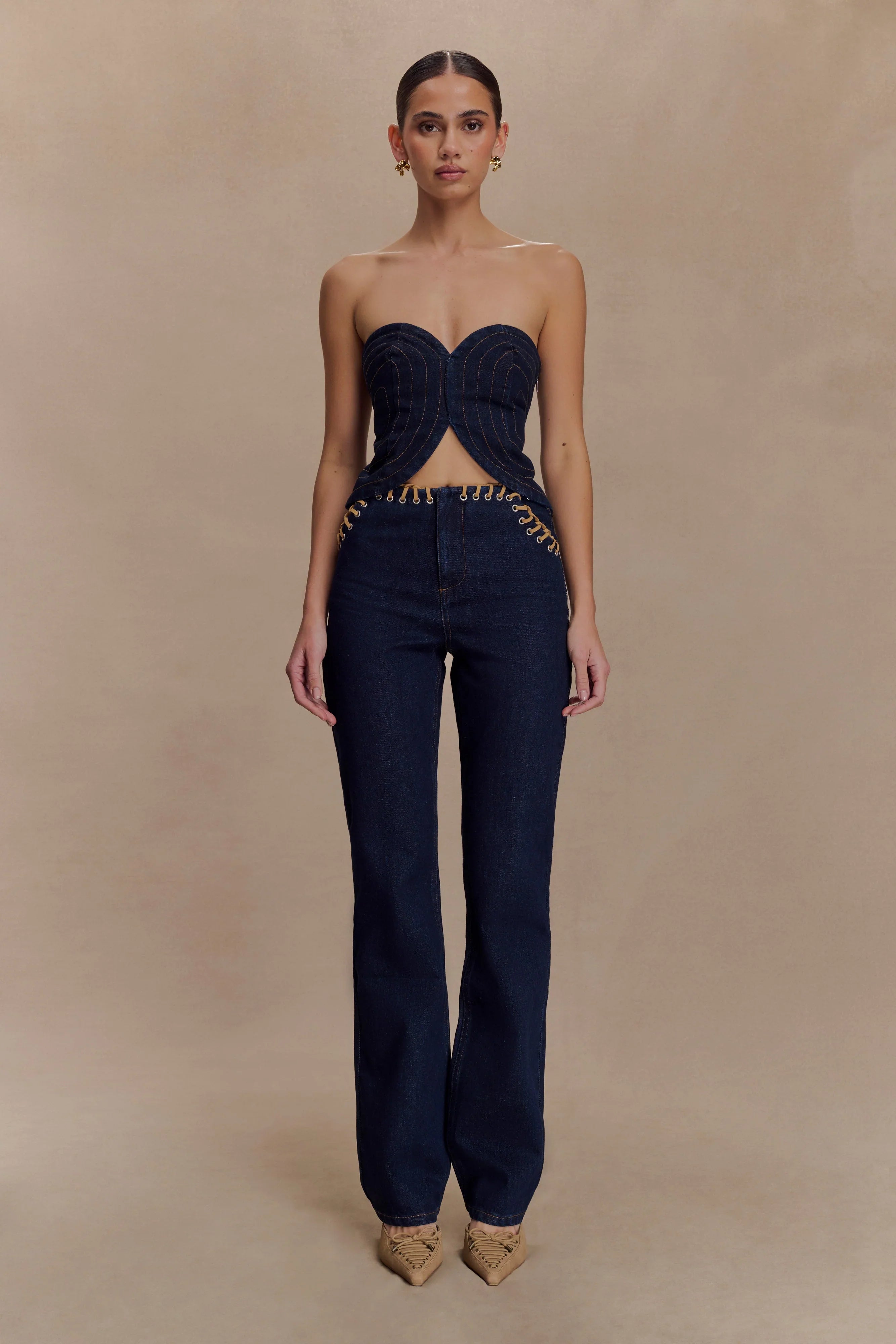 Tully Strapless Topstitch Denim Top Indigo Blue