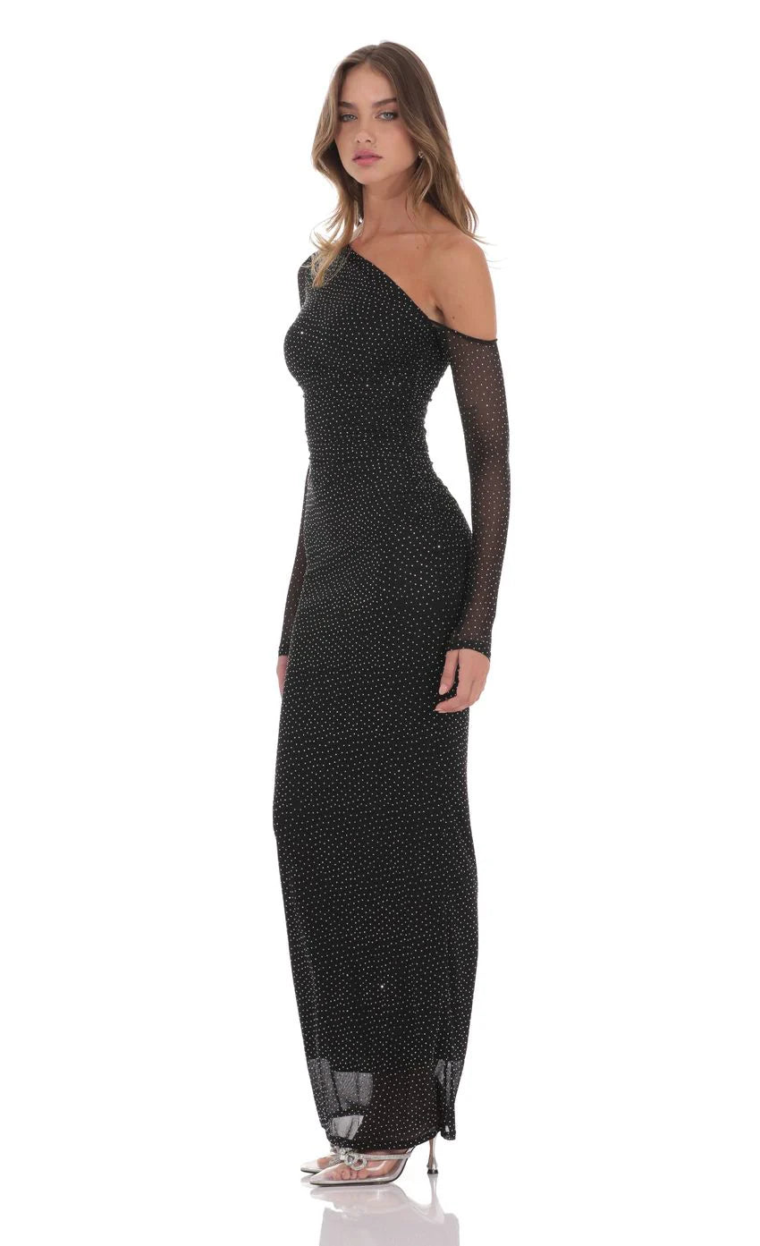 Off Shoulder Rhinestone Maxi Dress in Black