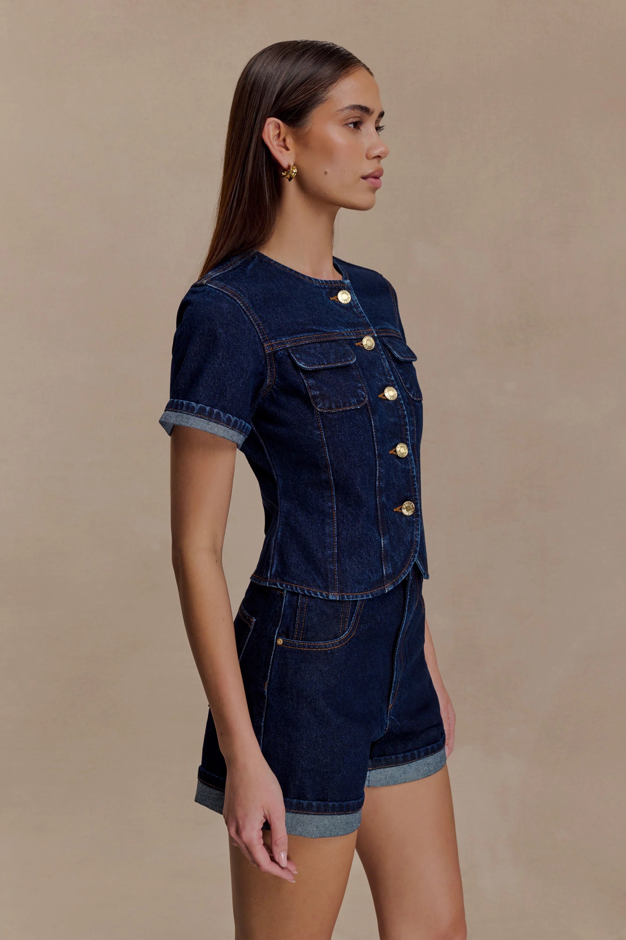 Marge Fitted Denim Short Sleeve Top Indigo Blue
