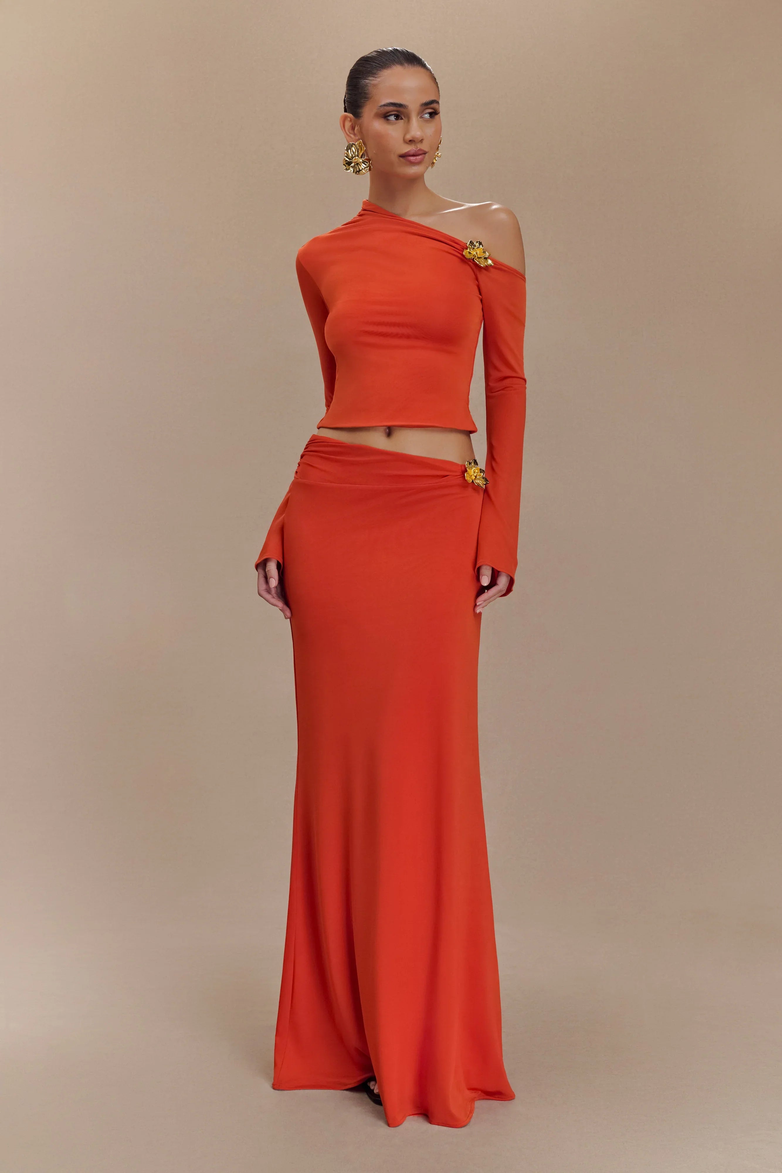 Ainsley Asymmetrical Maxi Skirt With Floral Hardware Burnt Orange