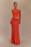 Ainsley Asymmetrical Maxi Skirt With Floral Hardware Burnt Orange