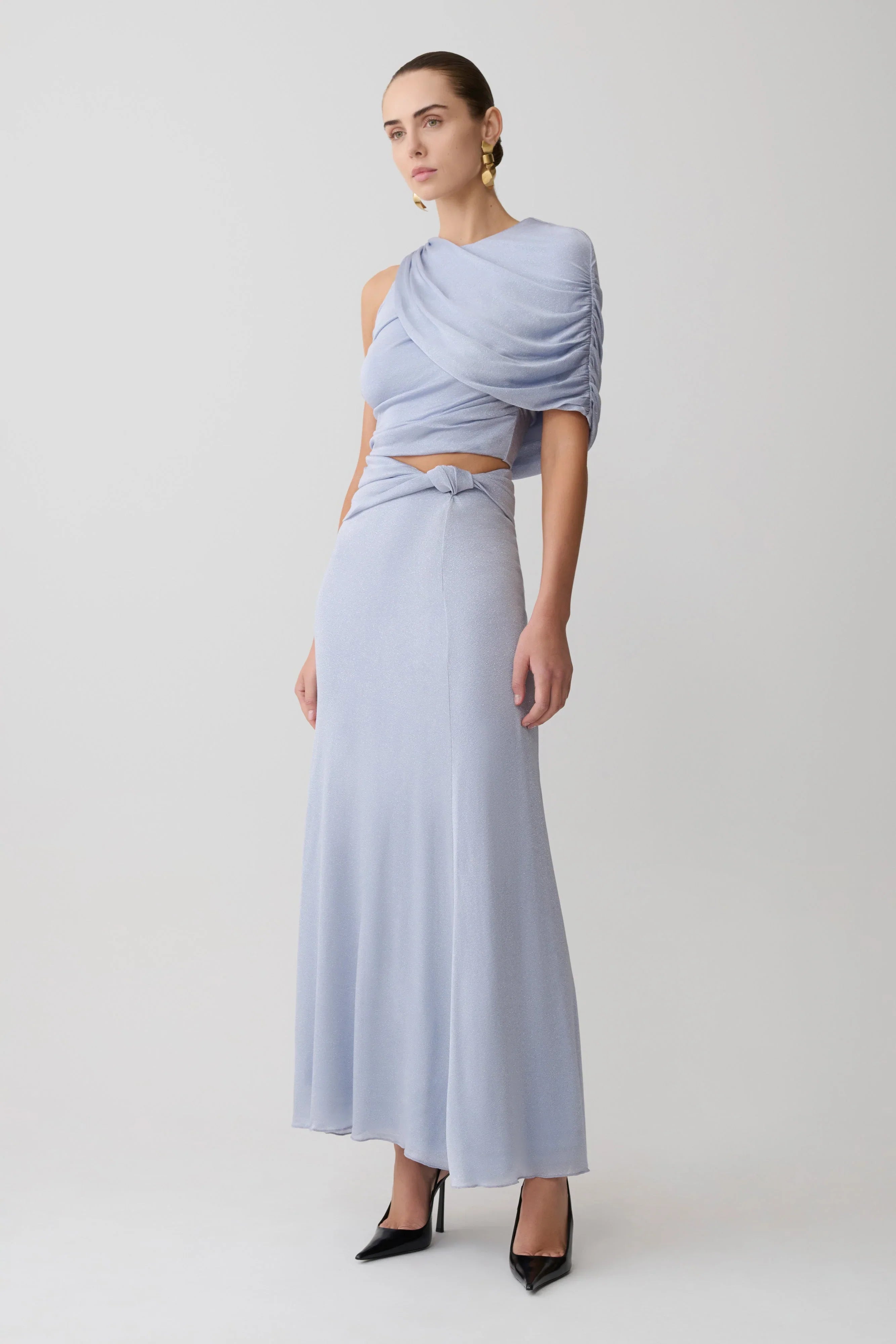 Adrienne Lurex Knot Maxi Skirt Pastel Blue
