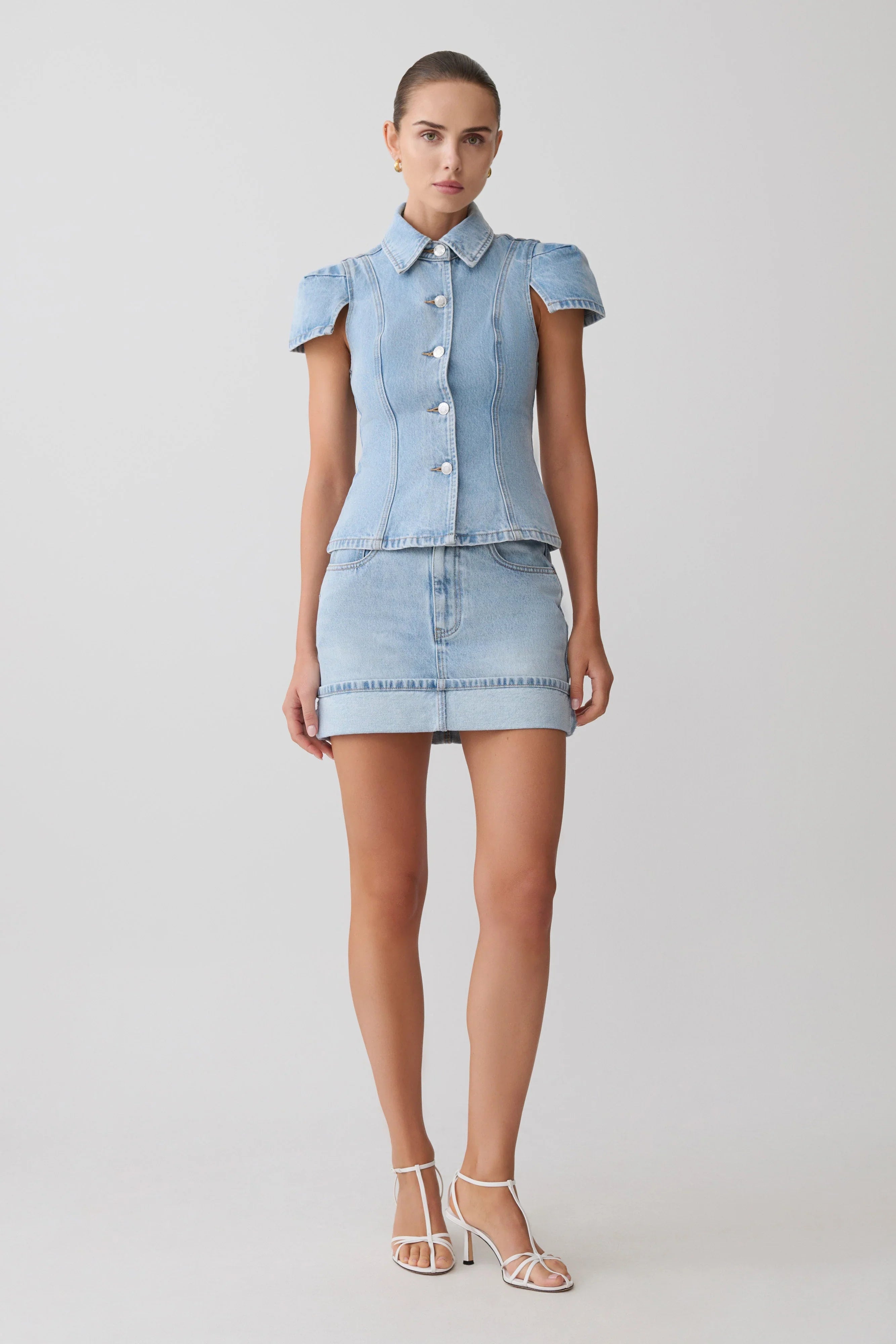Lakoda Cuffed Denim Mini Skirt Washed Light Blue