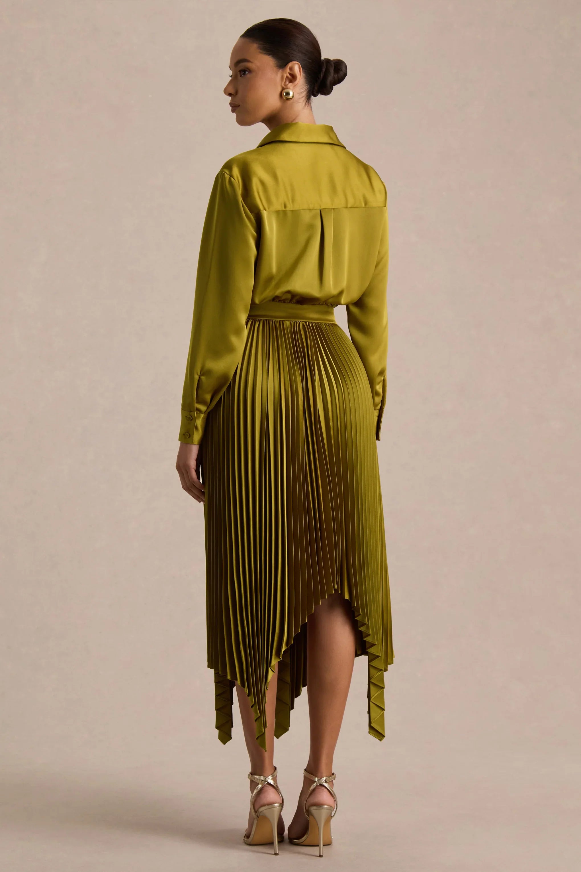 Naxos Olive Satin Shirt Maxi Dress With Pleated Skirt