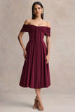 Dearest Burgundy Bardot Neck Midi Dress