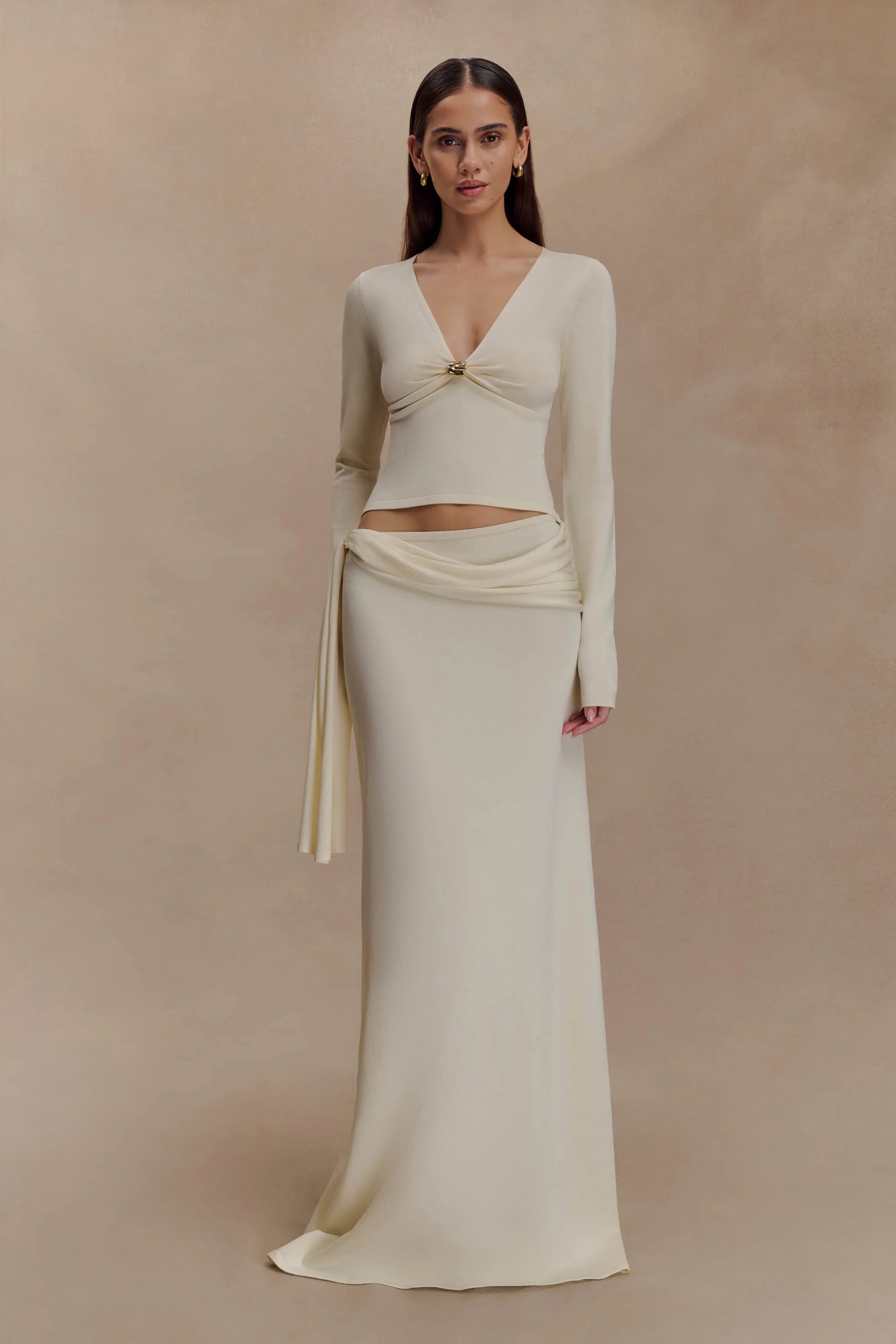 Miraby Front Ruched Knit Long Sleeve Top Ivory