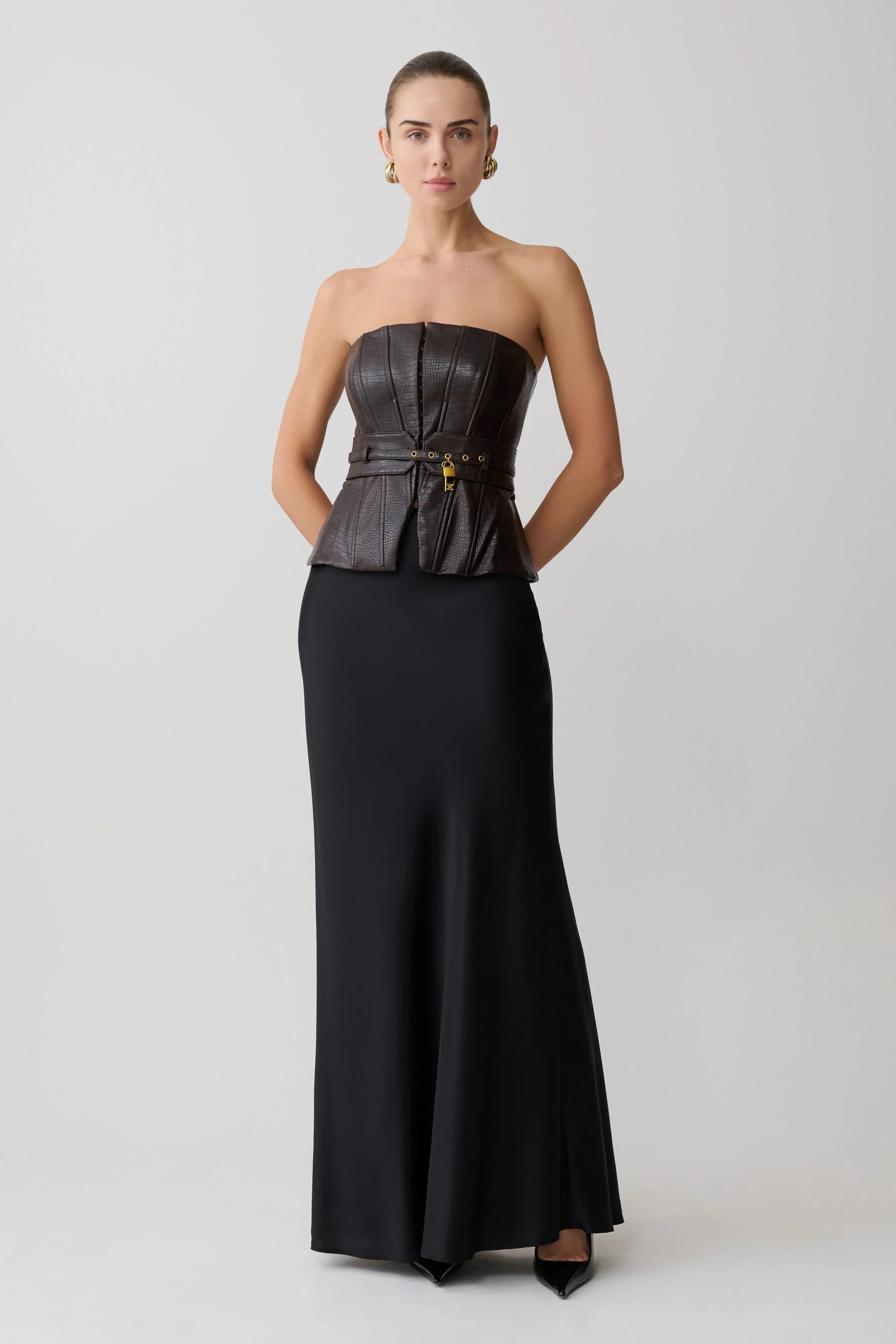 Thalia Faux Leather Boned Corset Dark Chocolate