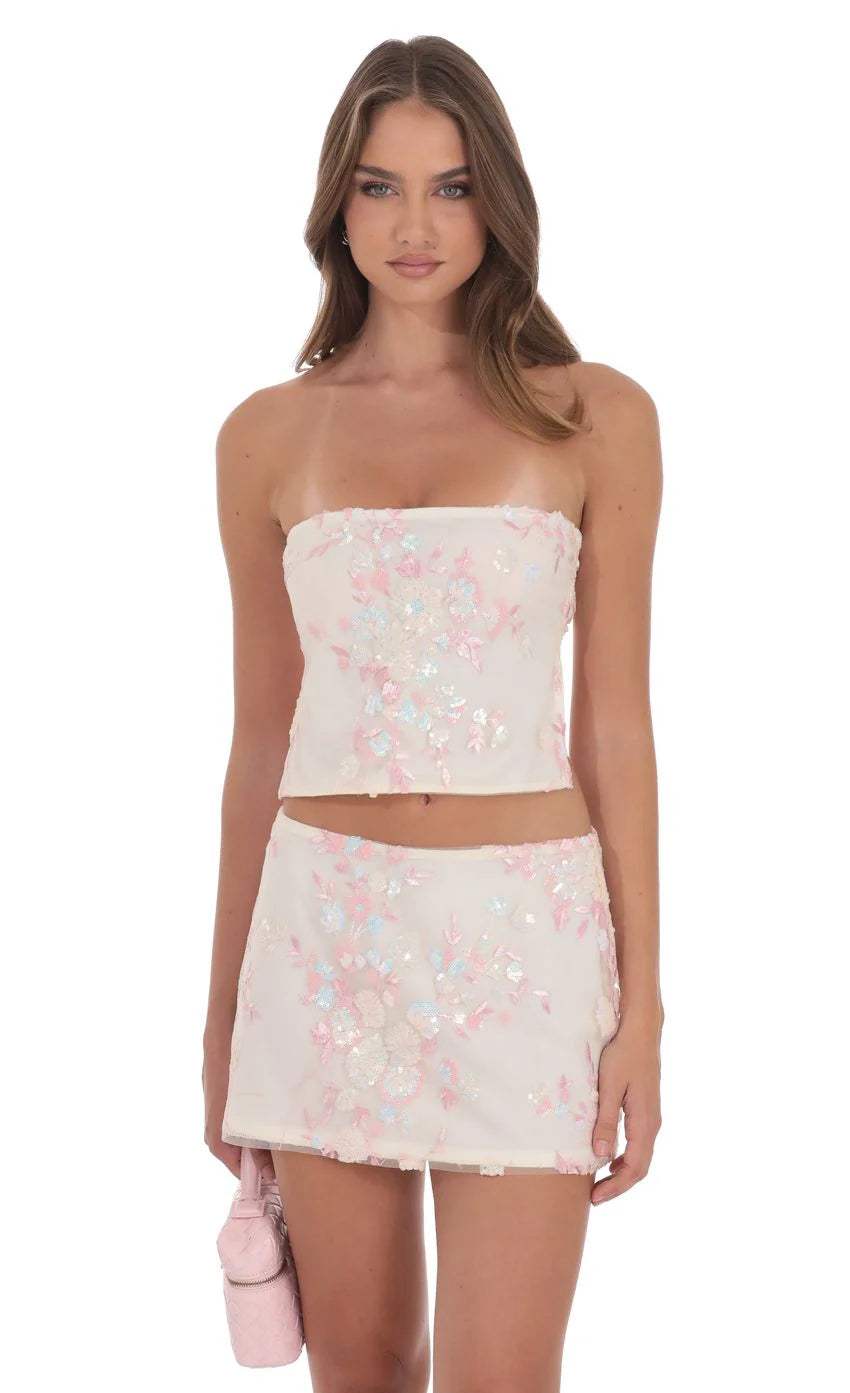 Floral Sequin Strapless Skirt in Cream