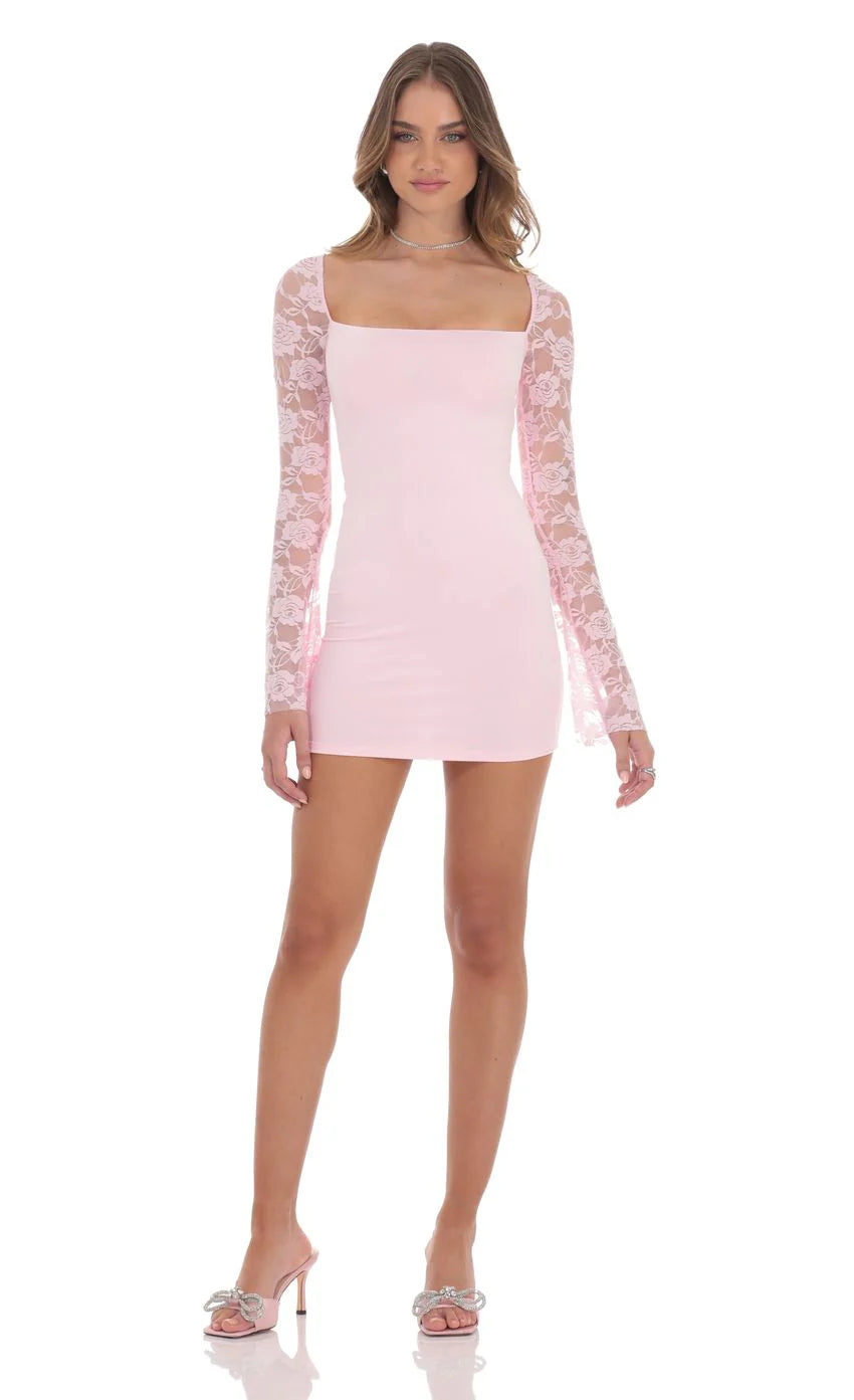 Floral Lace Long Sleeve Dress in Pink