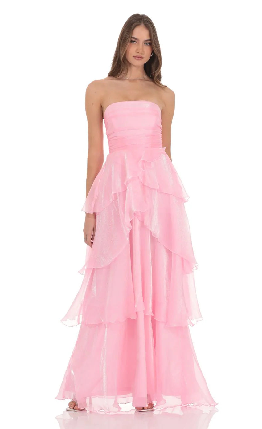 Corset Petal Ruffle Strapless Maxi Dress in Pink