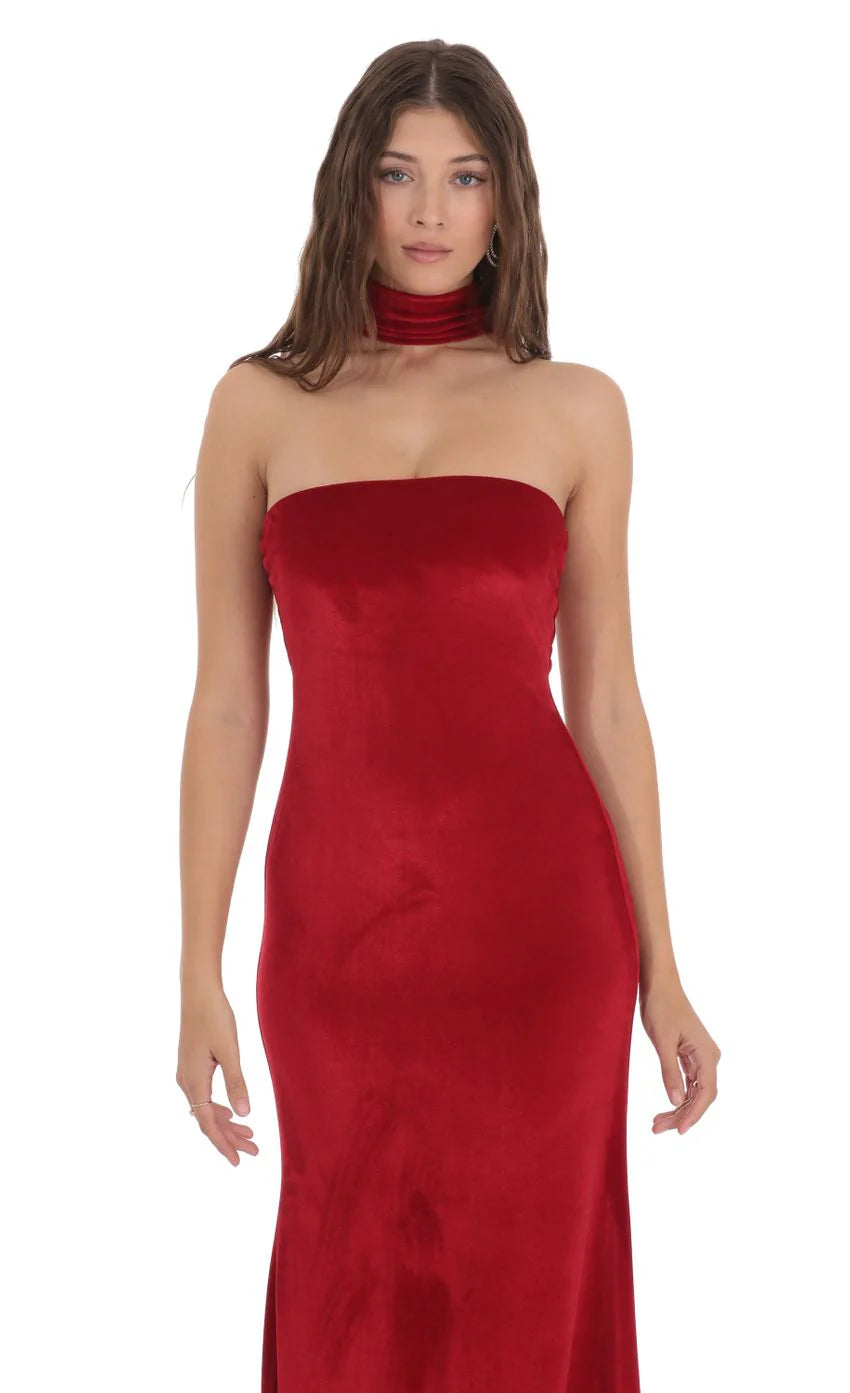 Velvet Reverse Halter Maxi Dress in Red