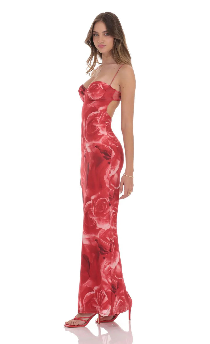 Rose Open Back Mesh Maxi Dress in Red