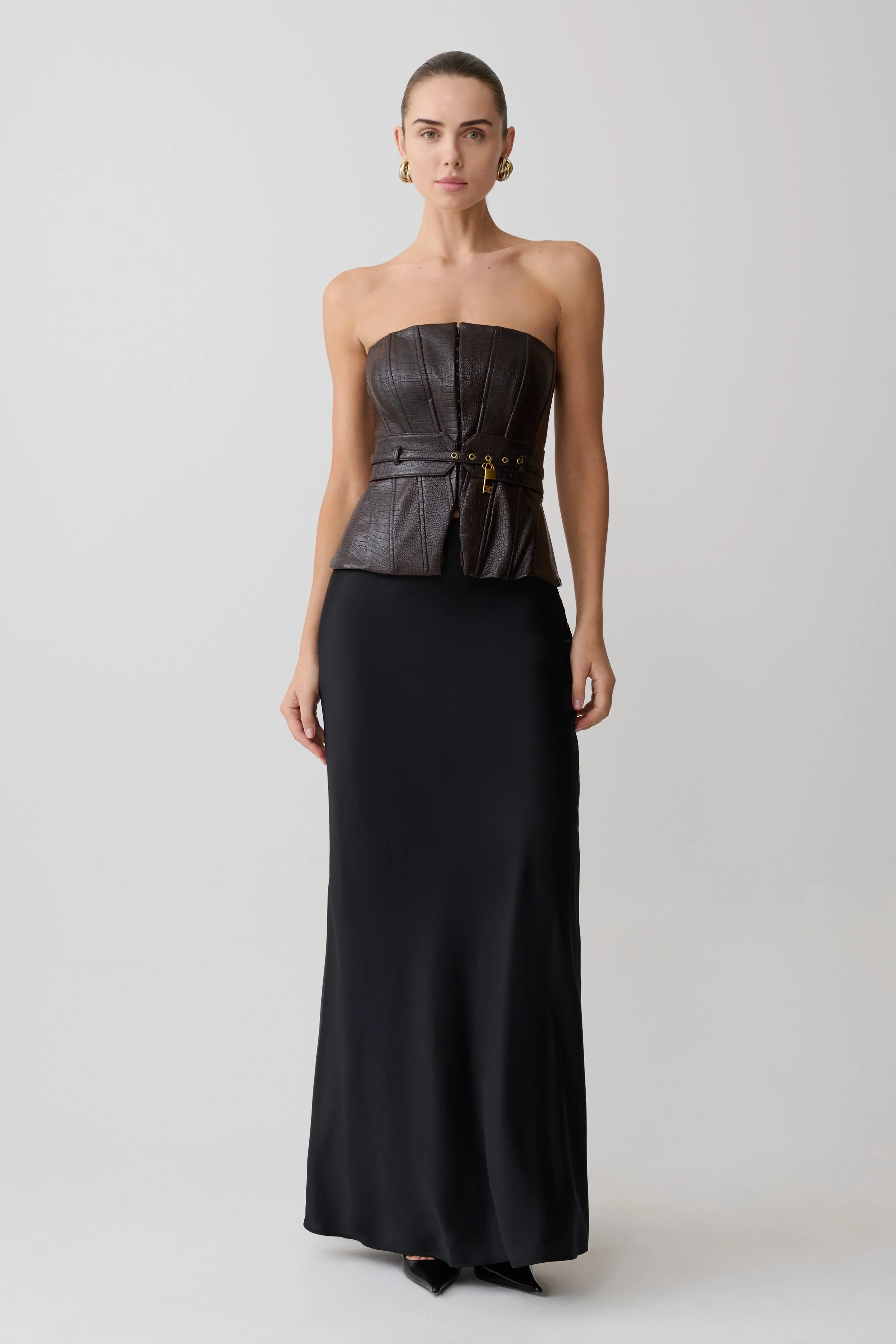 Thalia Faux Leather Boned Corset Dark Chocolate