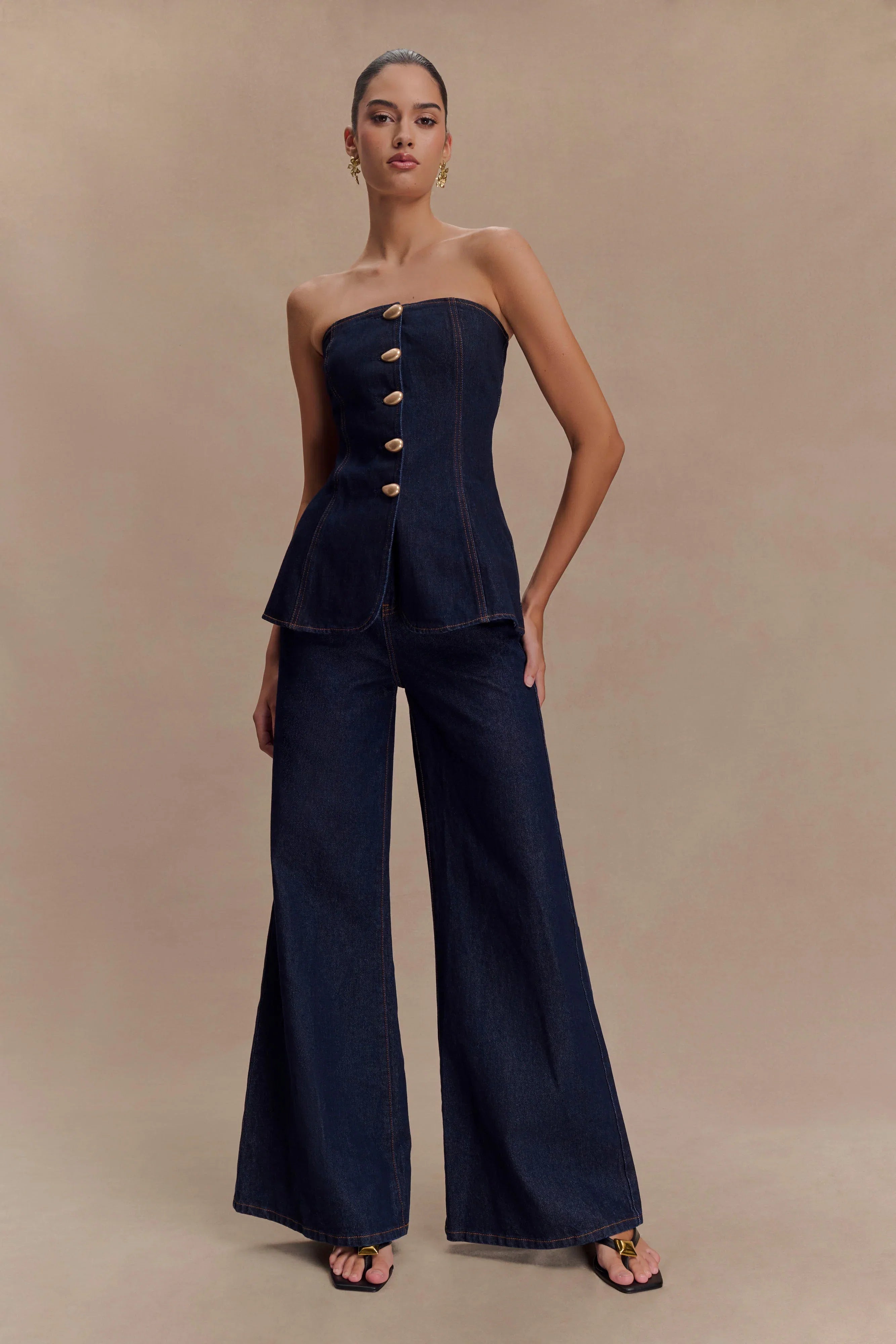 Lennox Strapless Long Line Button Top Indigo Blue