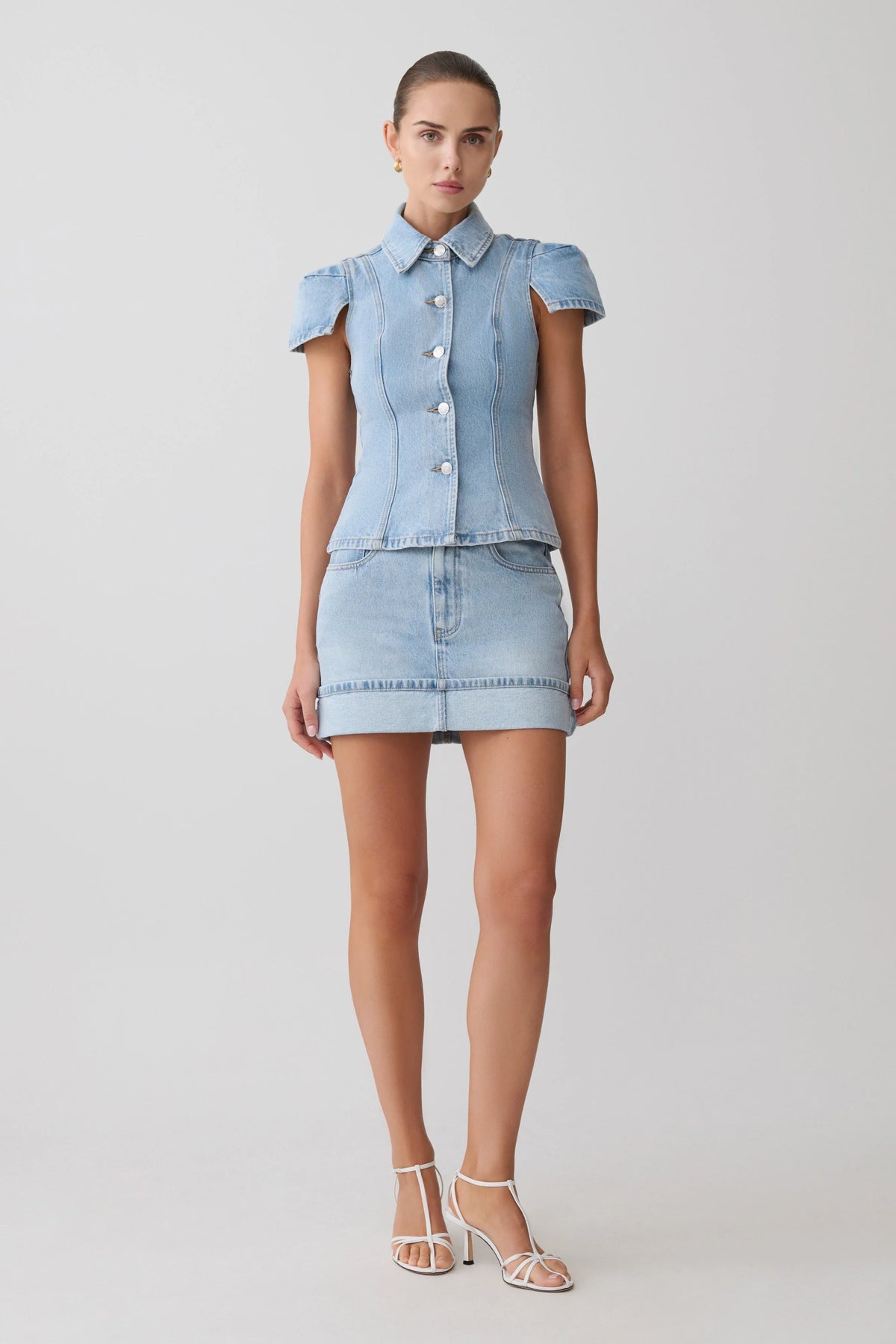 Bently Short Sleeve Denim Top Washed Light Blue
