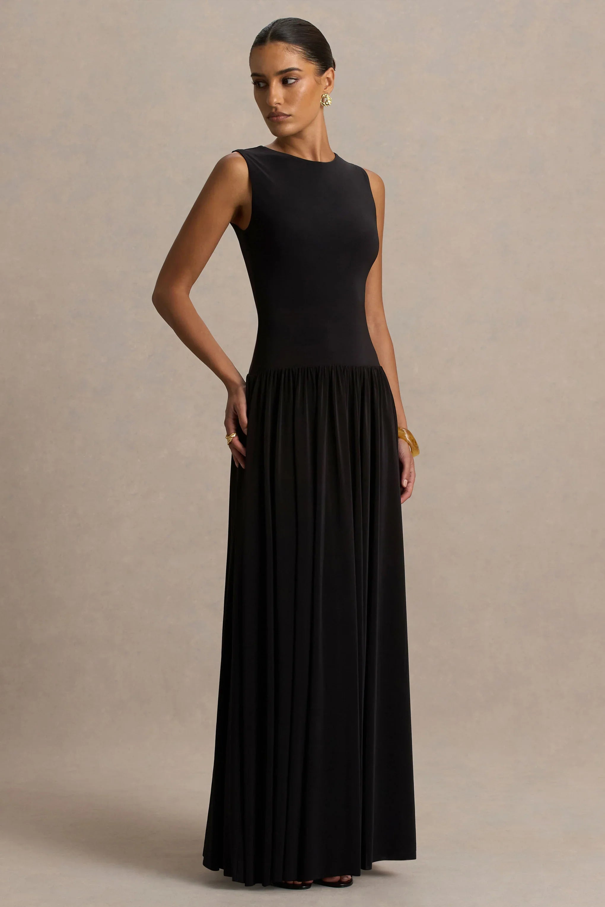 Rosalita Black Crew Neck Maxi Dress With Drop Waist