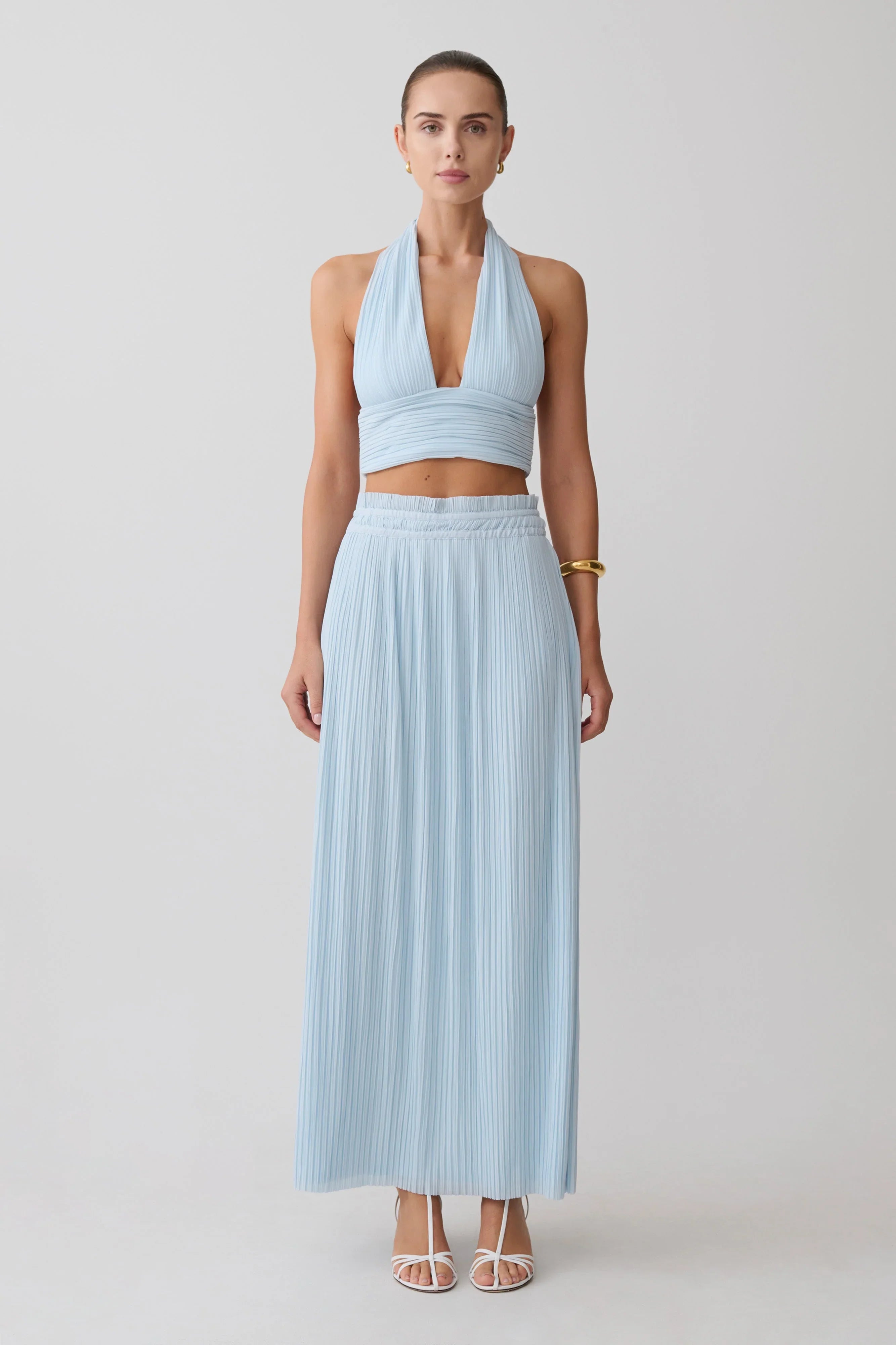 Amaris Gathered Plisse Maxi Skirt Pale Blue