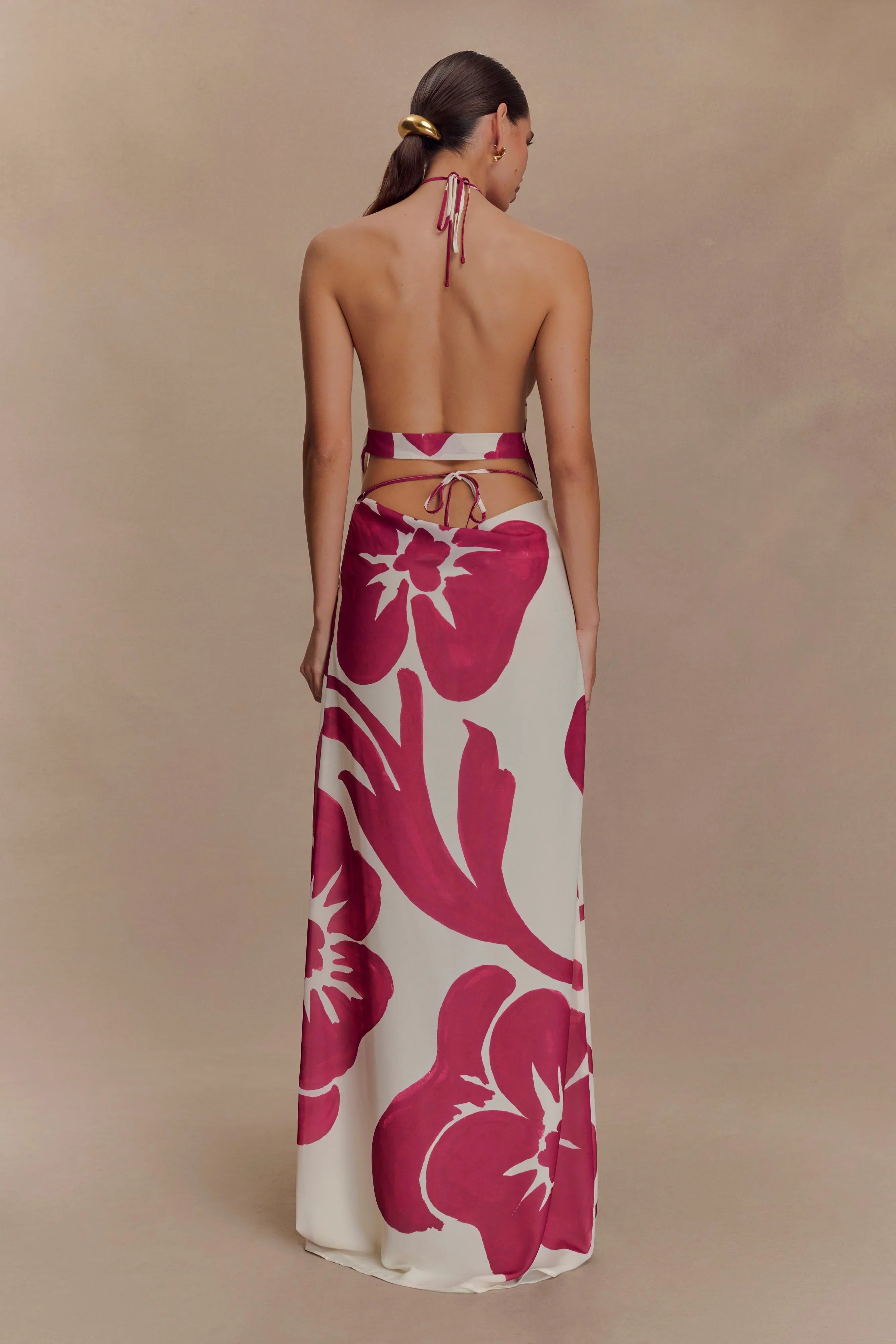 Katalina Chiffon Cowl Halter Top Red Deco Fleur Print