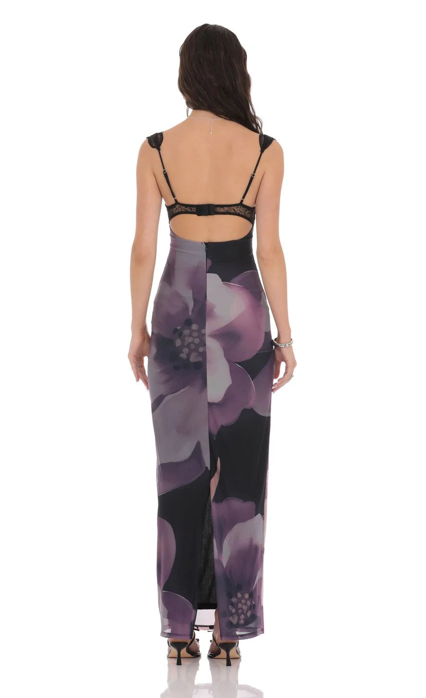 Cutout Lace Floral Maxi Dress in Purple