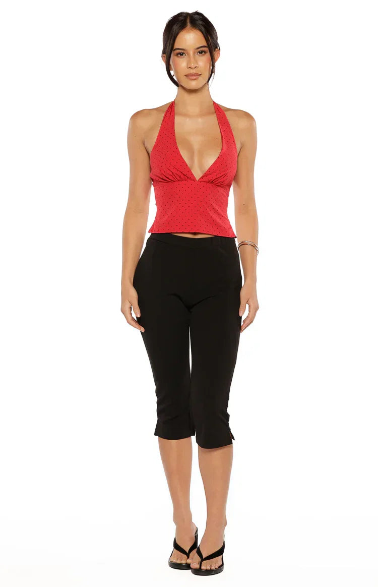Beau Red Chiffon Polka Dot Halter Neck Top