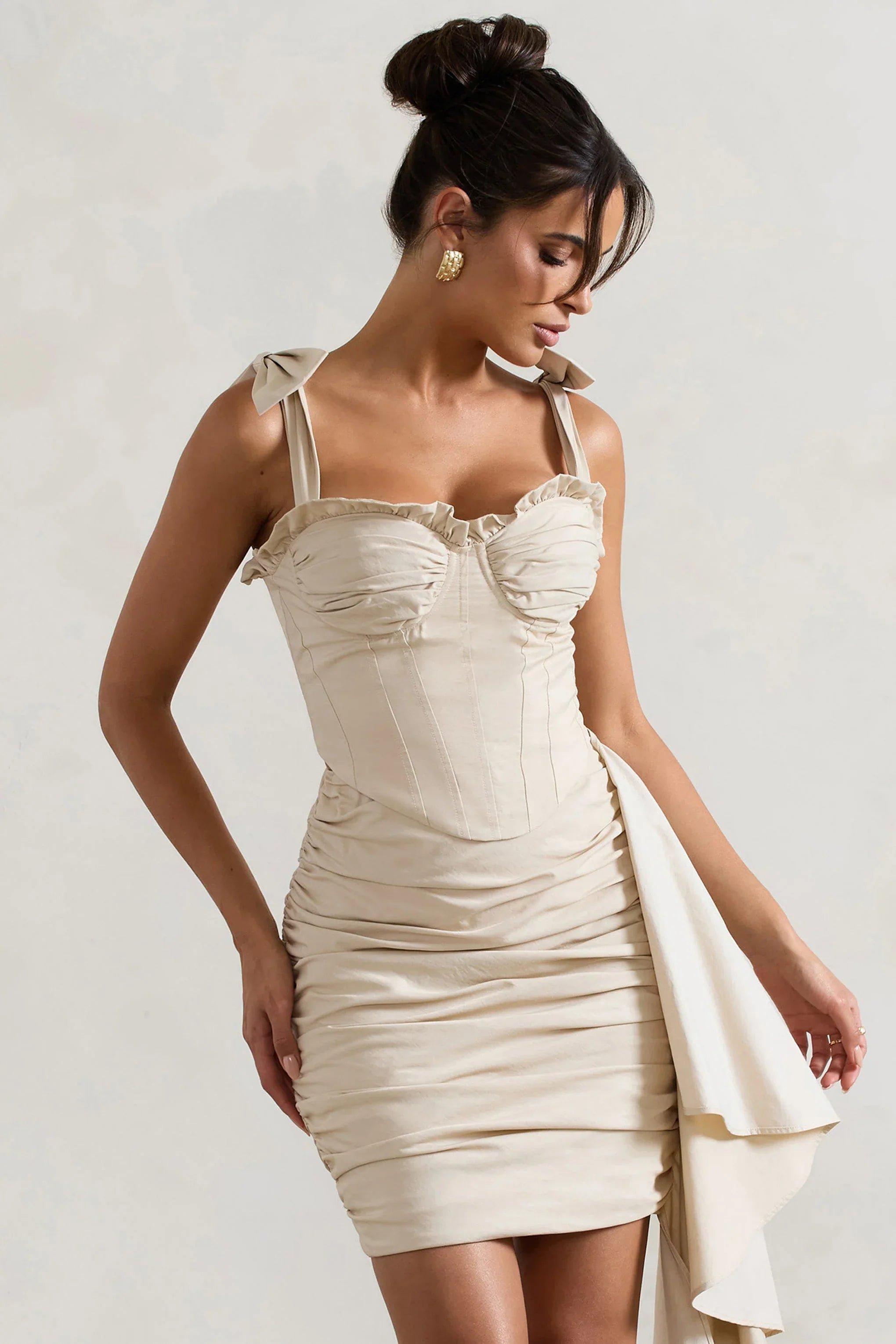 Vanity Ivory Ruched Mini Skirt With Drape