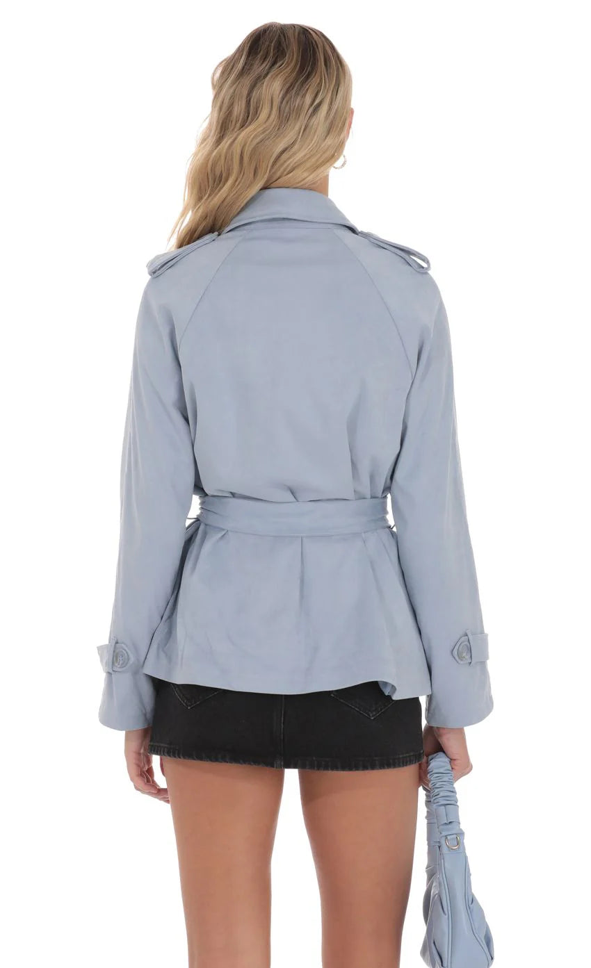 Suede Double Breasted Trench Coat in Sky Blue