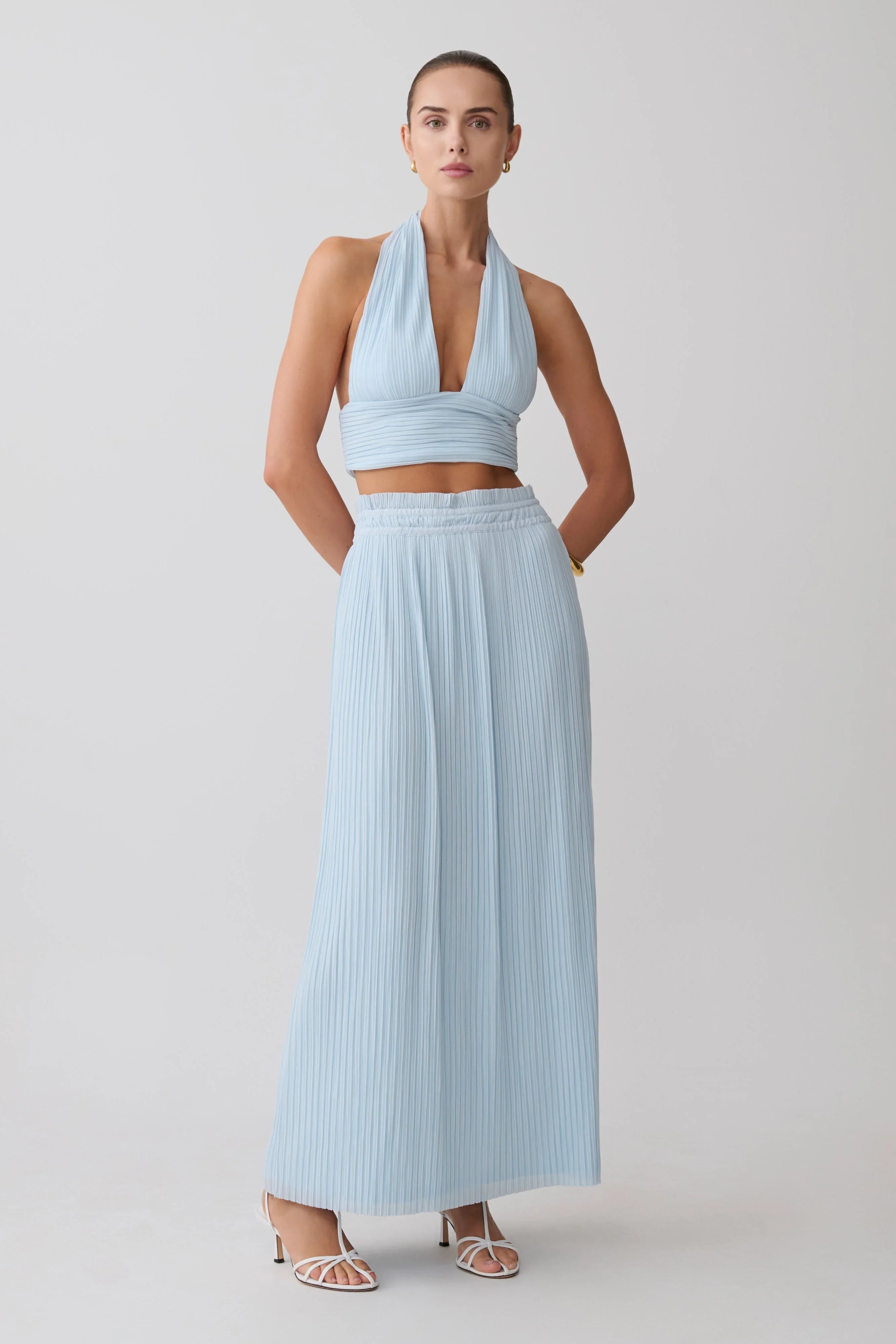 Amaris Gathered Plisse Maxi Skirt Pale Blue