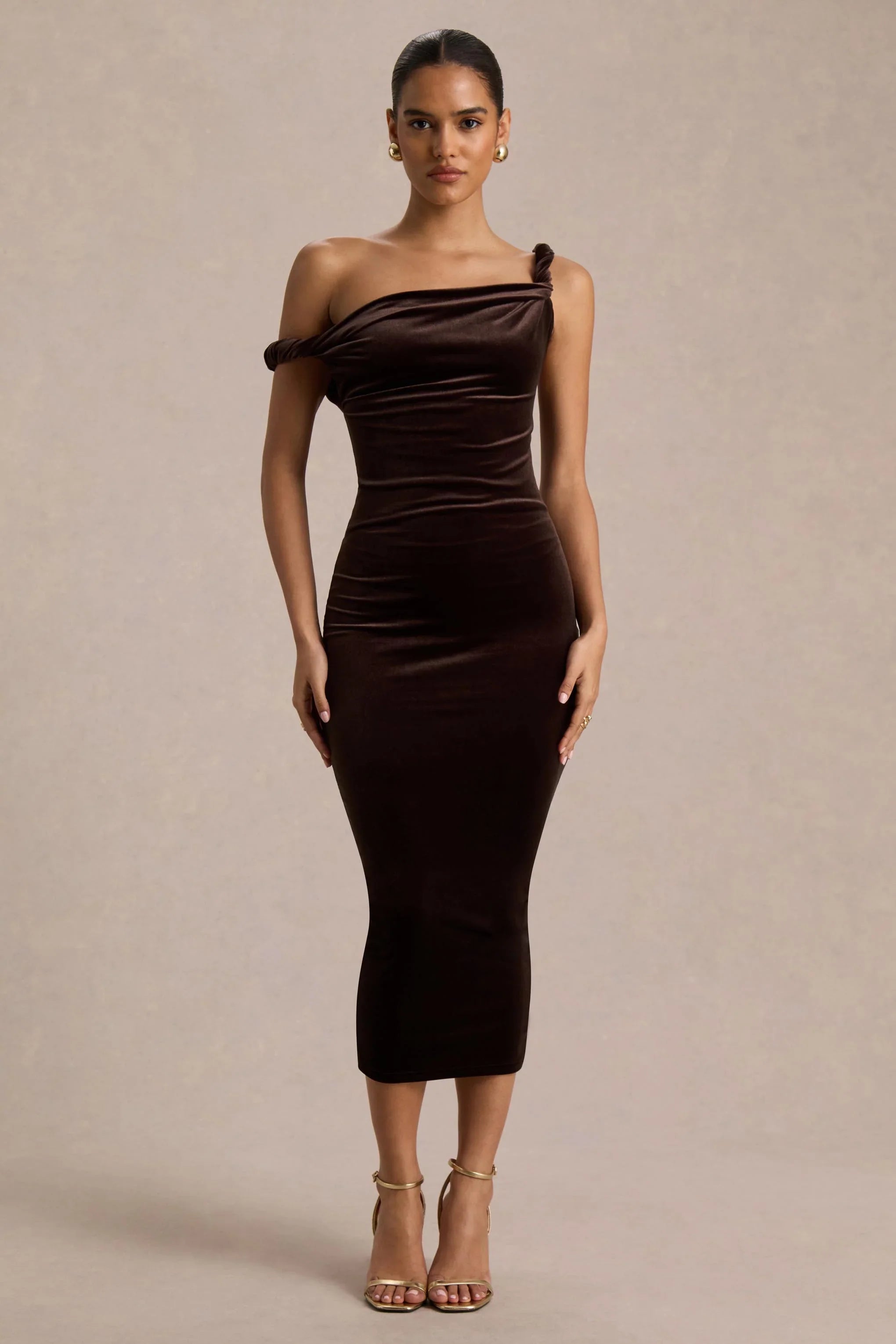Carella Brown Velvet Twisted Asymmetric Midi Dress