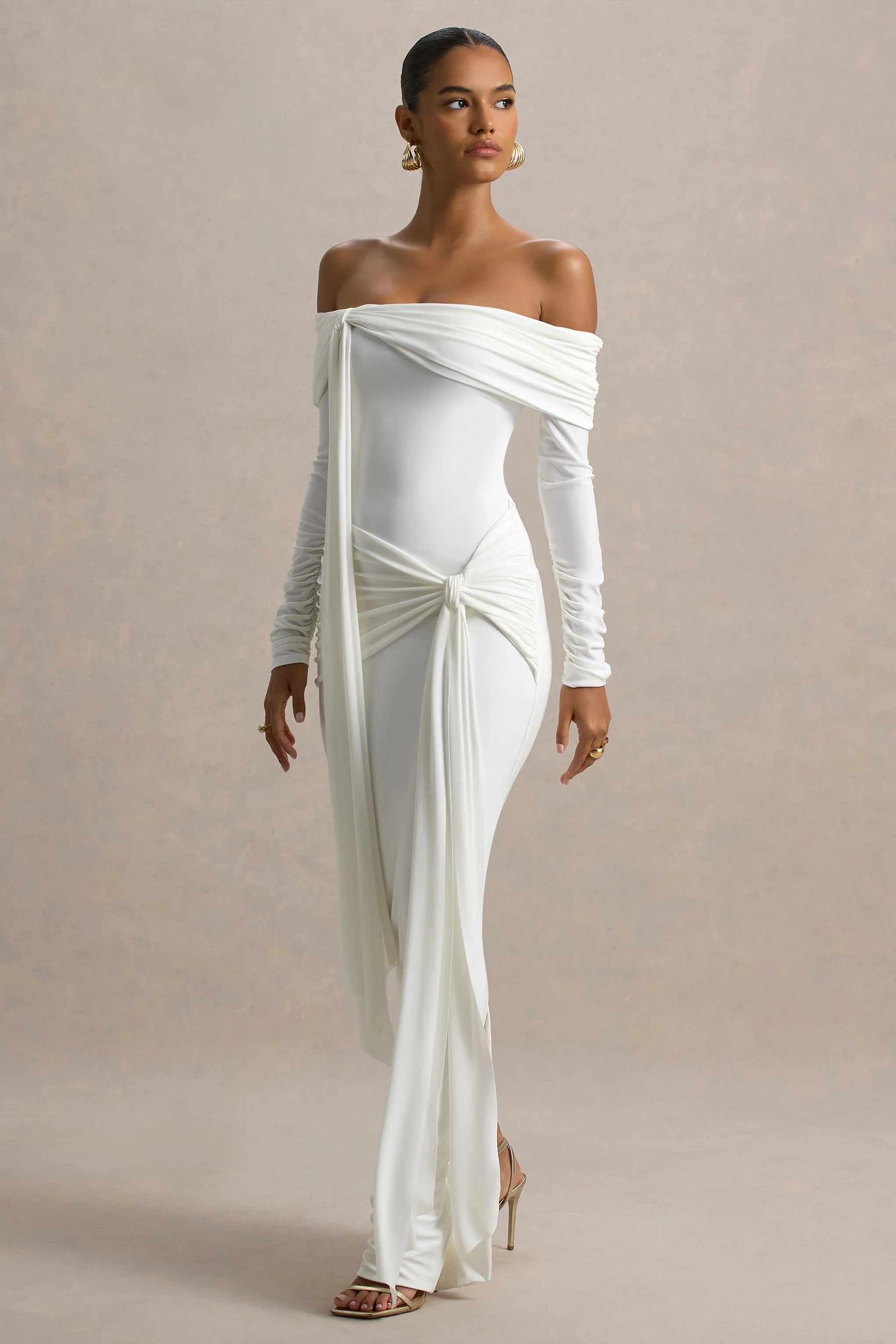 Jovie White Bardot Wrap Maxi Dress With Sash Detail