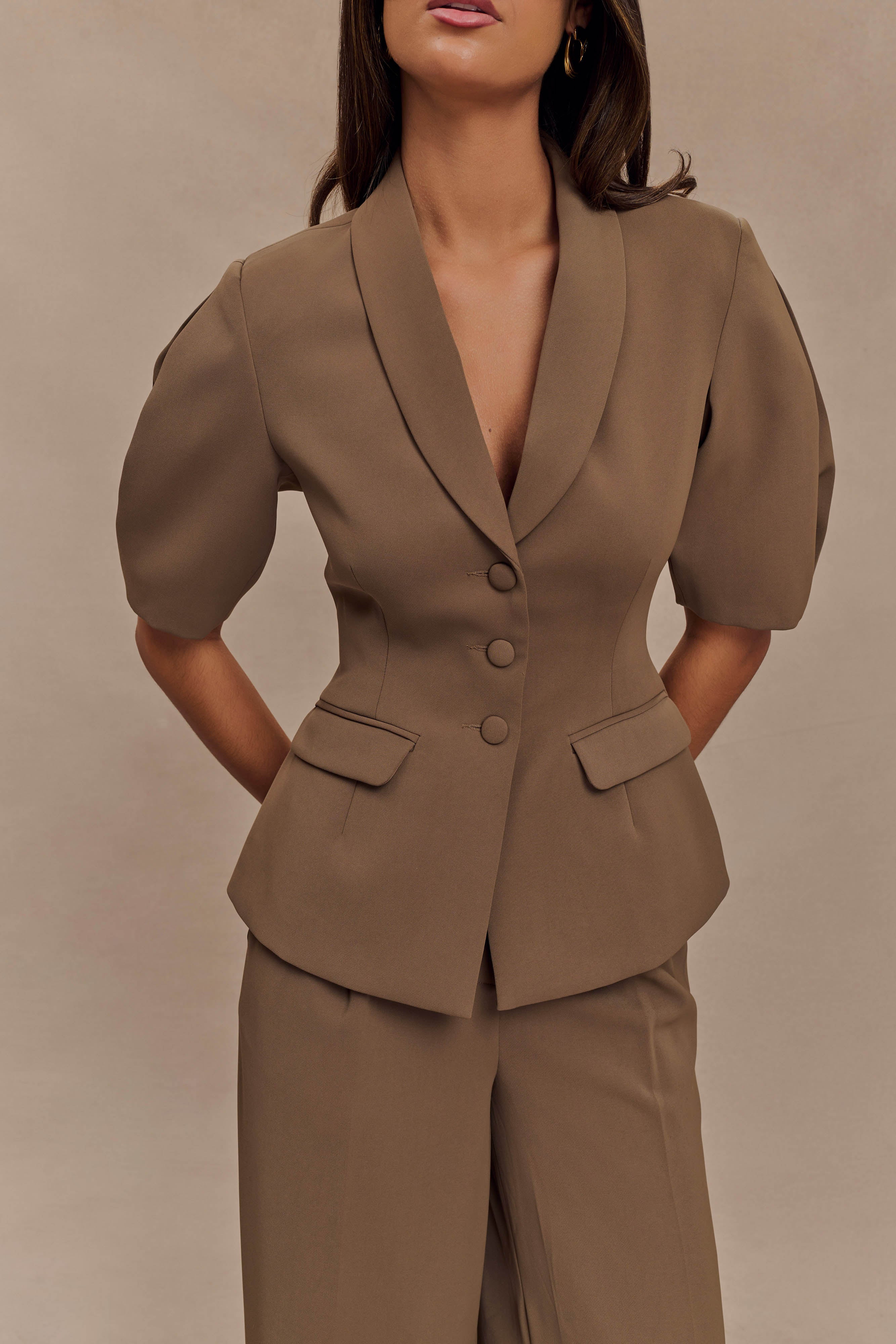 Opal Puff Sleeve Suiting Top Cacao Brown