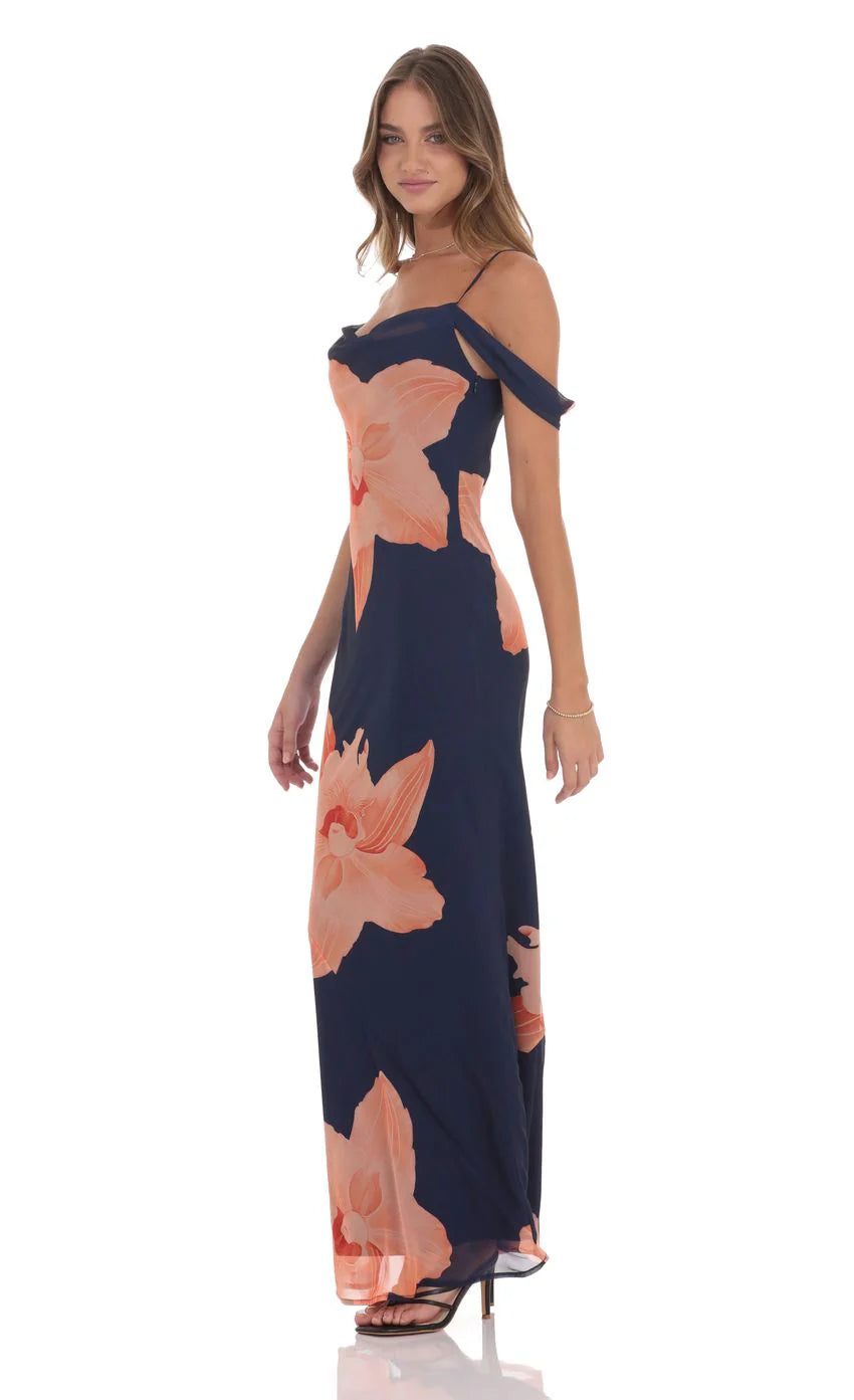Orange Floral Off Shoulder Maxi Dress in Navy
