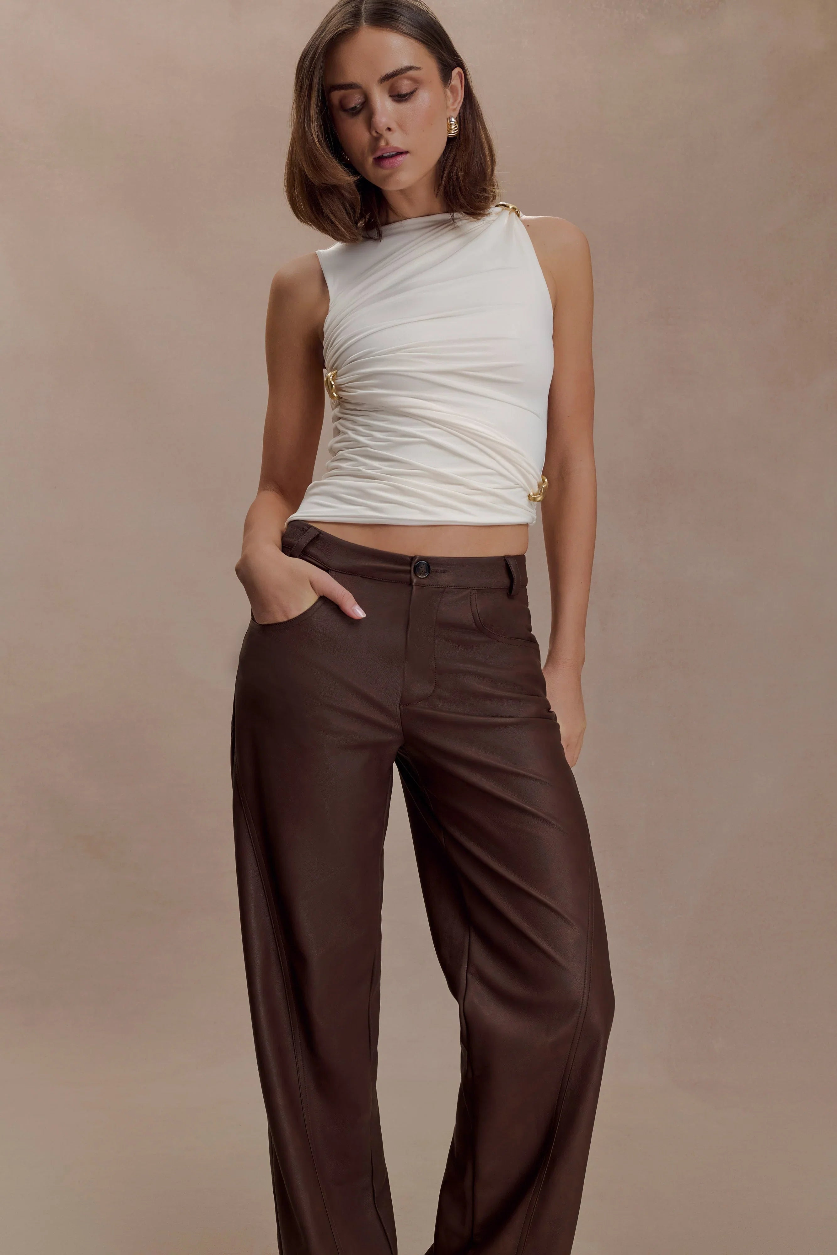 Theo Faux Leather Mid Rise Pants Dark Chocolate