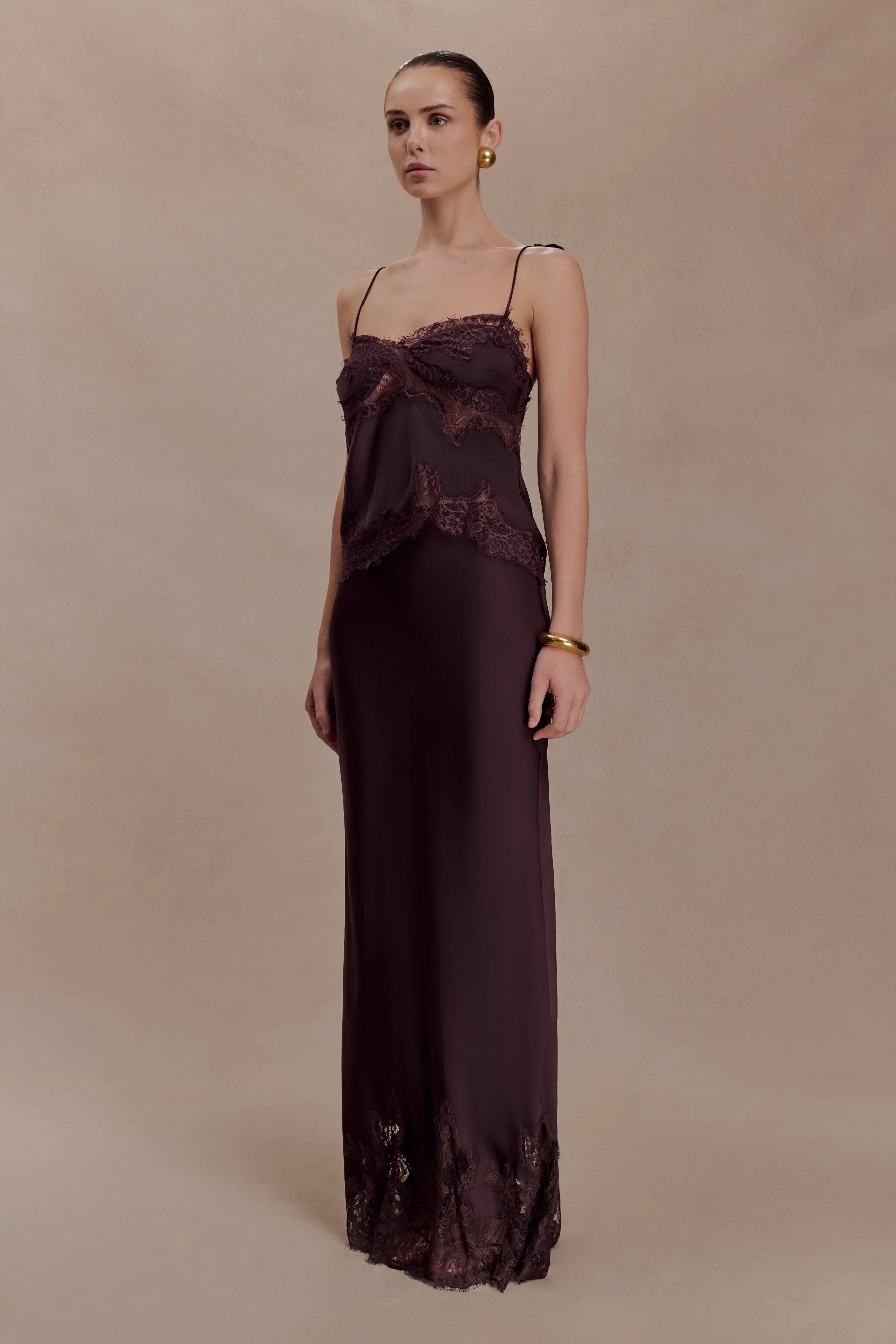 Nina Satin And Lace Maxi Skirt Chocolate