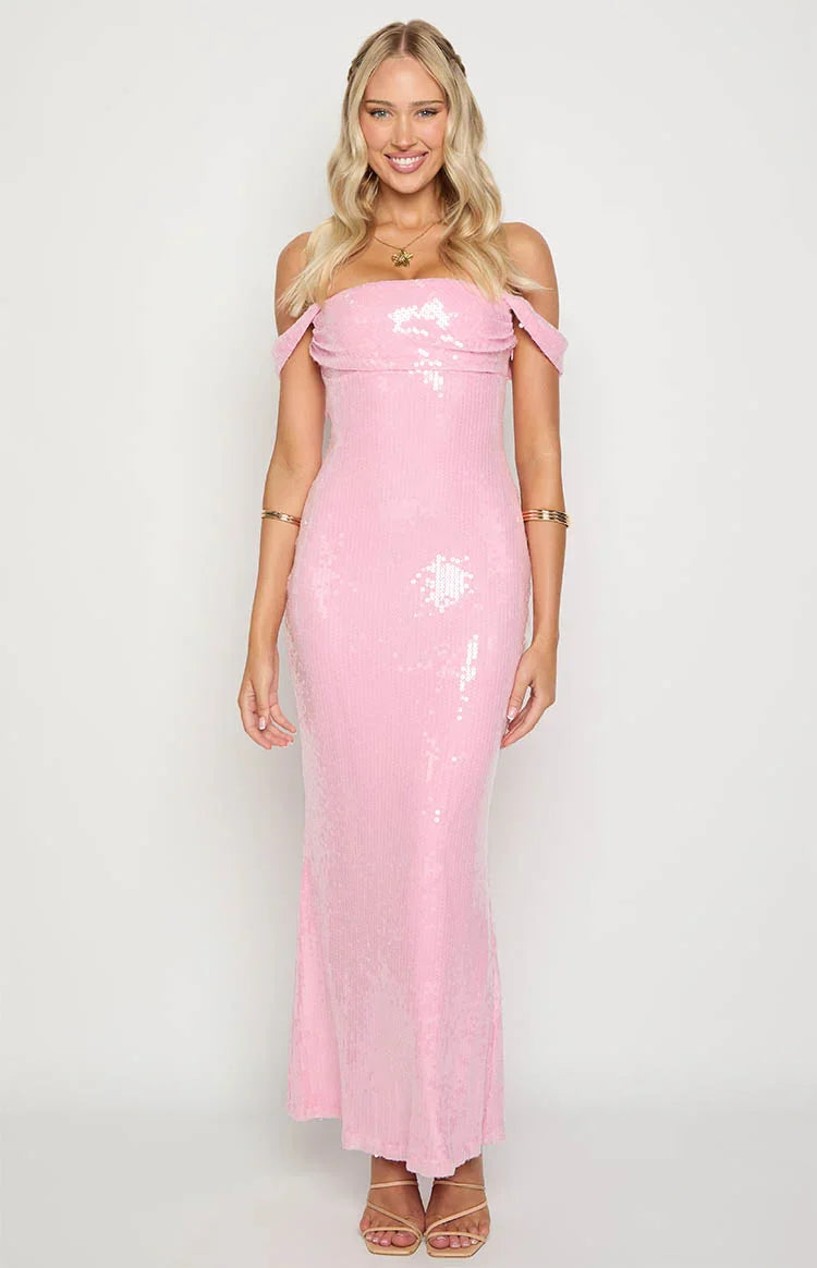 Ella Pink Sequin Off Shoulder Formal Maxi Dress