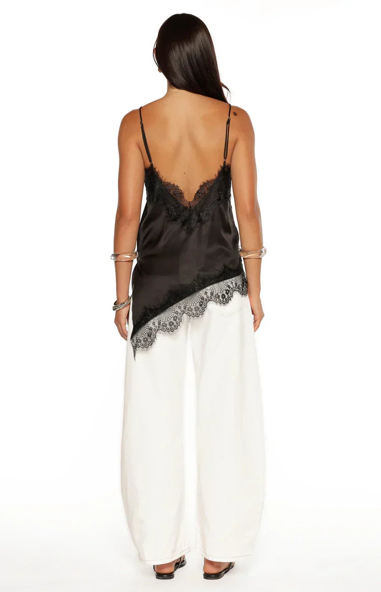 Ziva Black Satin Lace Trim Asymmetrical Top