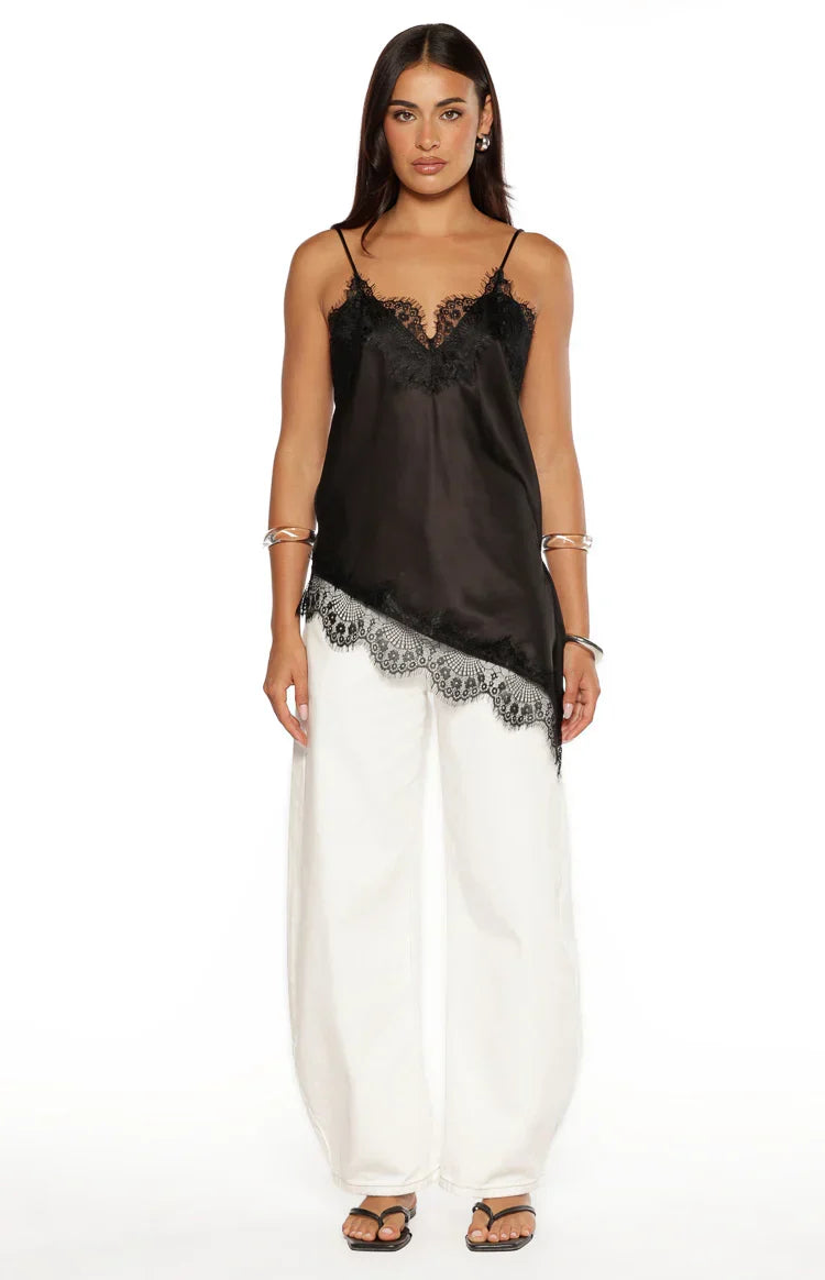 Ziva Black Satin Lace Trim Asymmetrical Top
