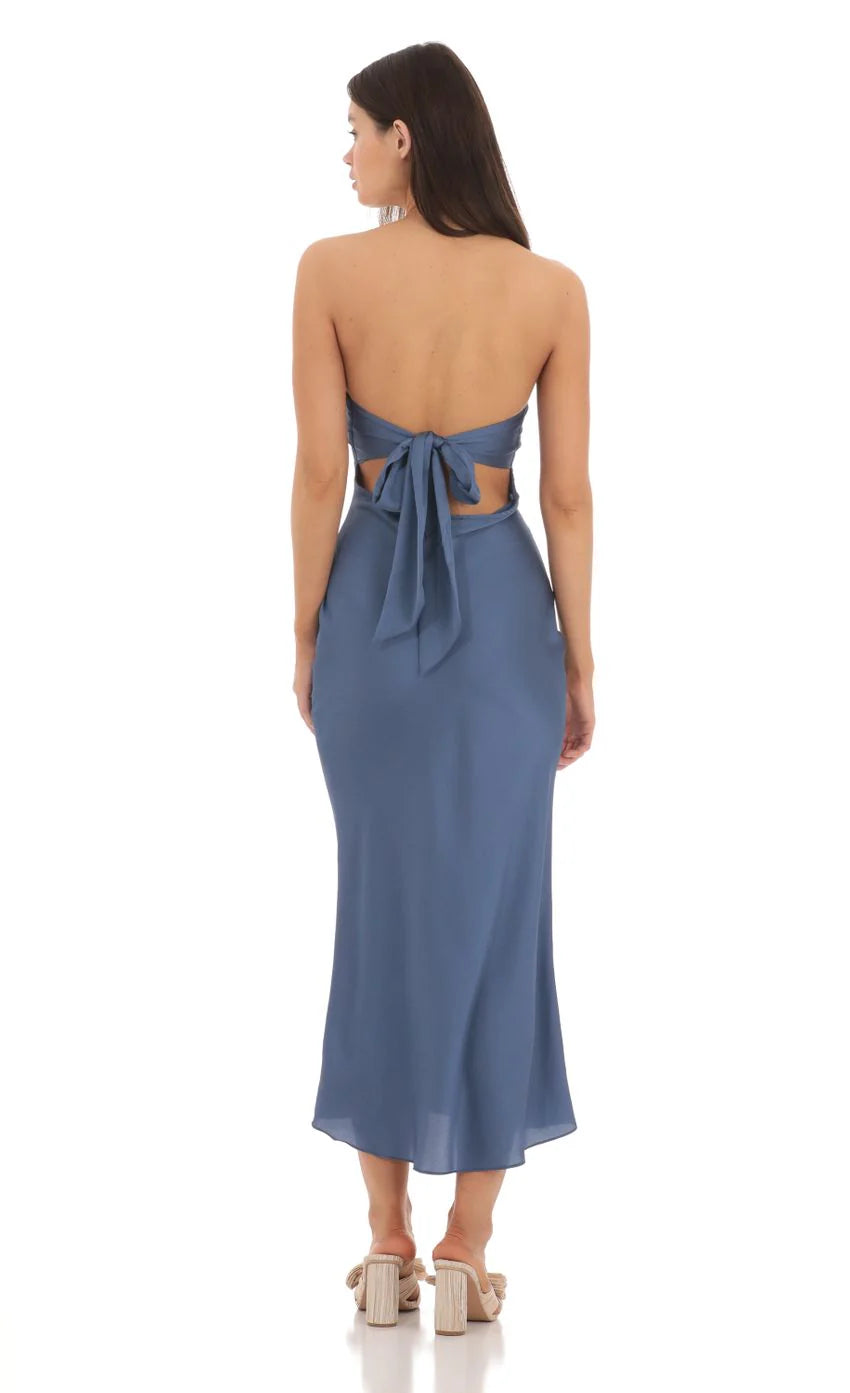 Satin Twist Cutout Midi Dress in Navy